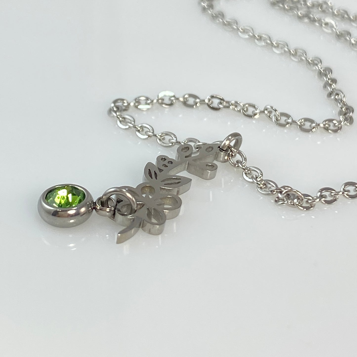 Silver Birthstone & Birth Flower Cable Chain Necklace