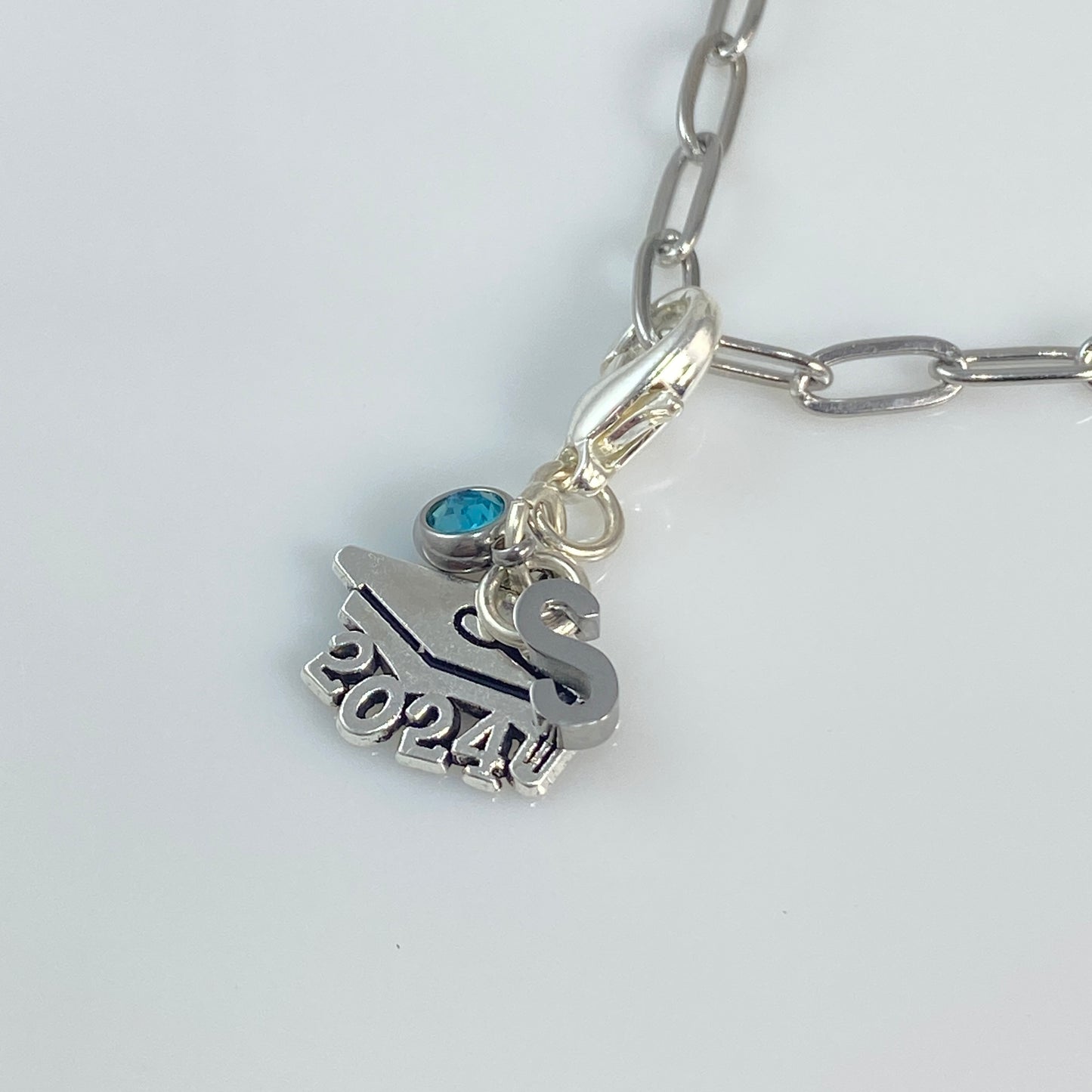 Graduation Initial, Year & Birthstone Charm on Paperclip Chain Necklace