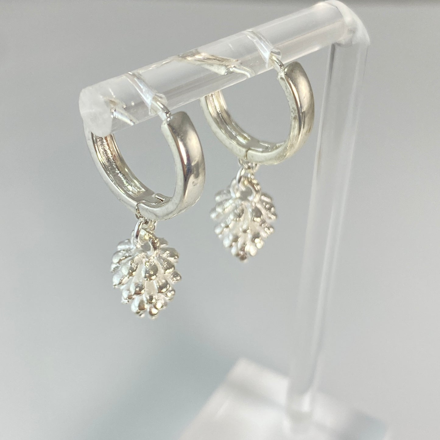 Boucles d'oreilles créoles en laiton plaqué platine avec pommes de pin argentées