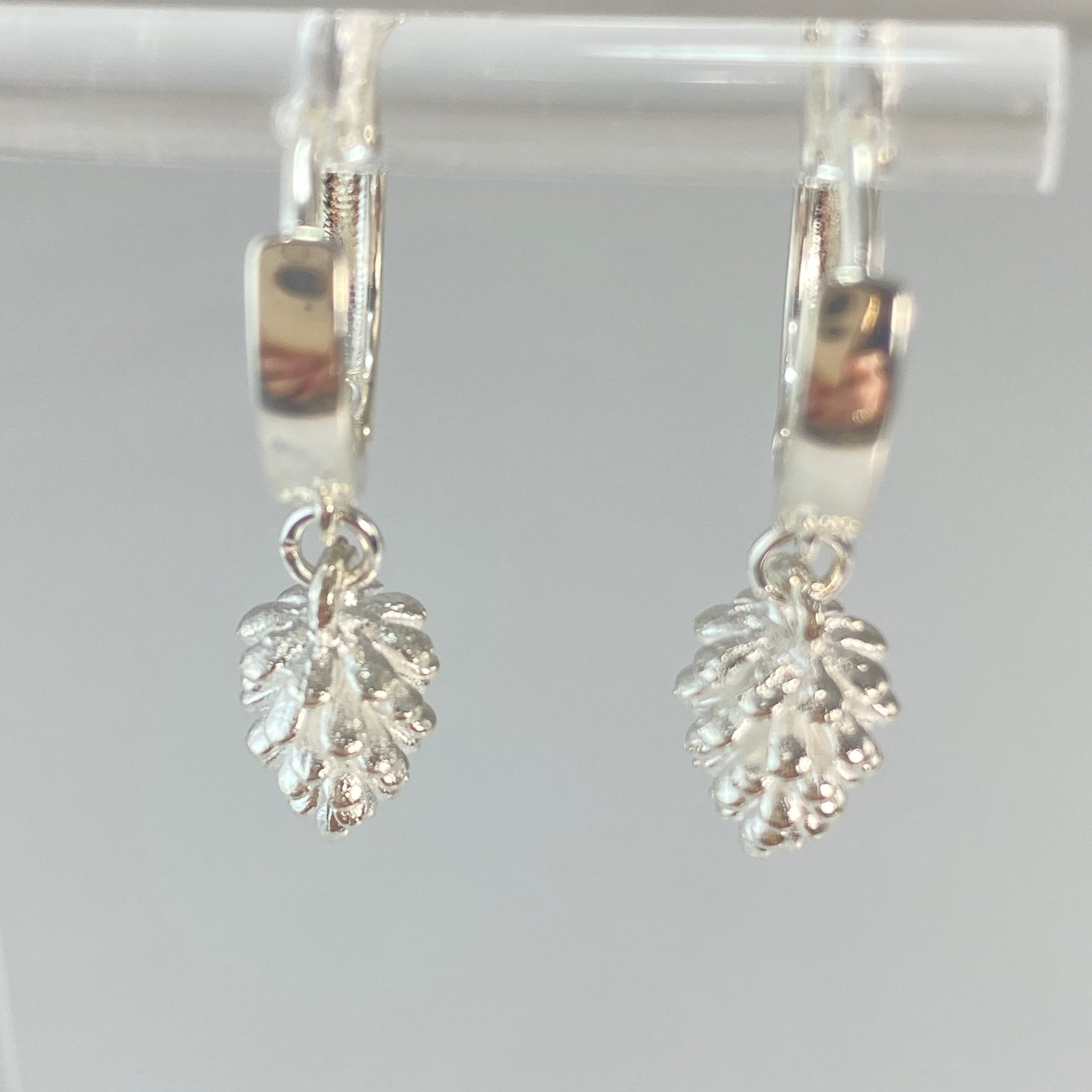 Boucles d'oreilles créoles en laiton plaqué platine avec pommes de pin argentées