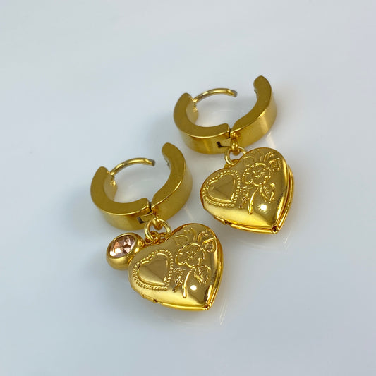 18 kt Gold Plated Openable Hearts & Birthstones on Stainless Steel Huggie Hoop Earrings OR Charm OR Pendant OR Keychain