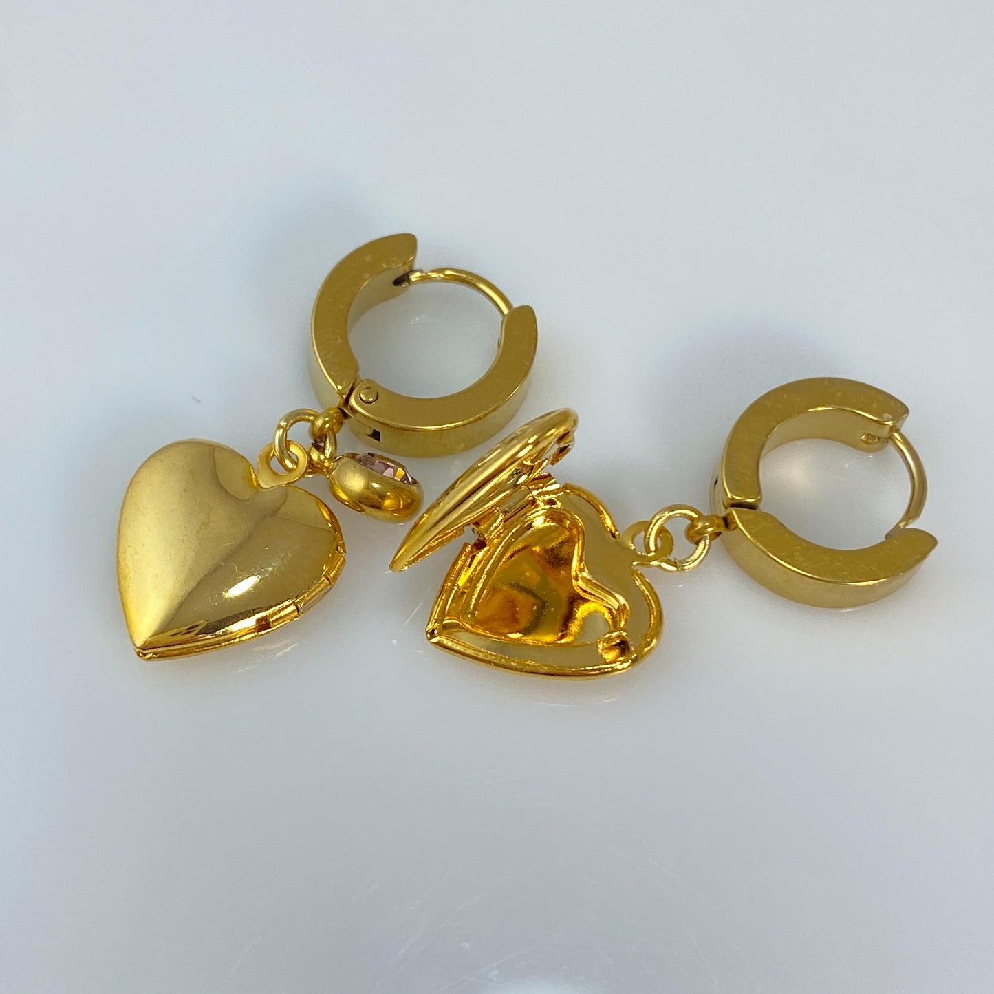 18 kt Gold Plated Openable Hearts & Birthstones on Stainless Steel Huggie Hoop Earrings OR Charm OR Pendant OR Keychain