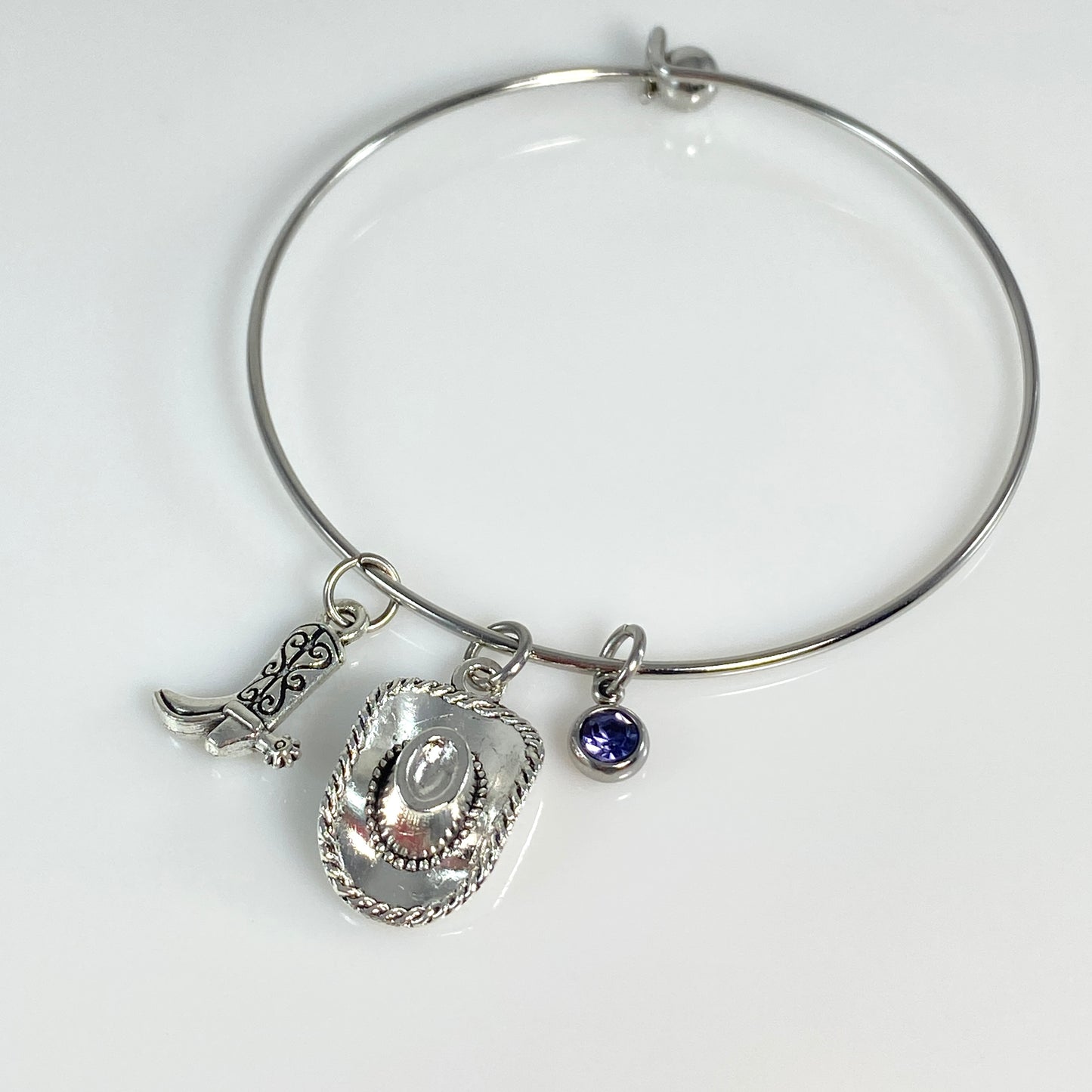 Silver Birthstone & Cowgirl Hat & Boot Charm Bangle Bracelet - MADE IN CANAD