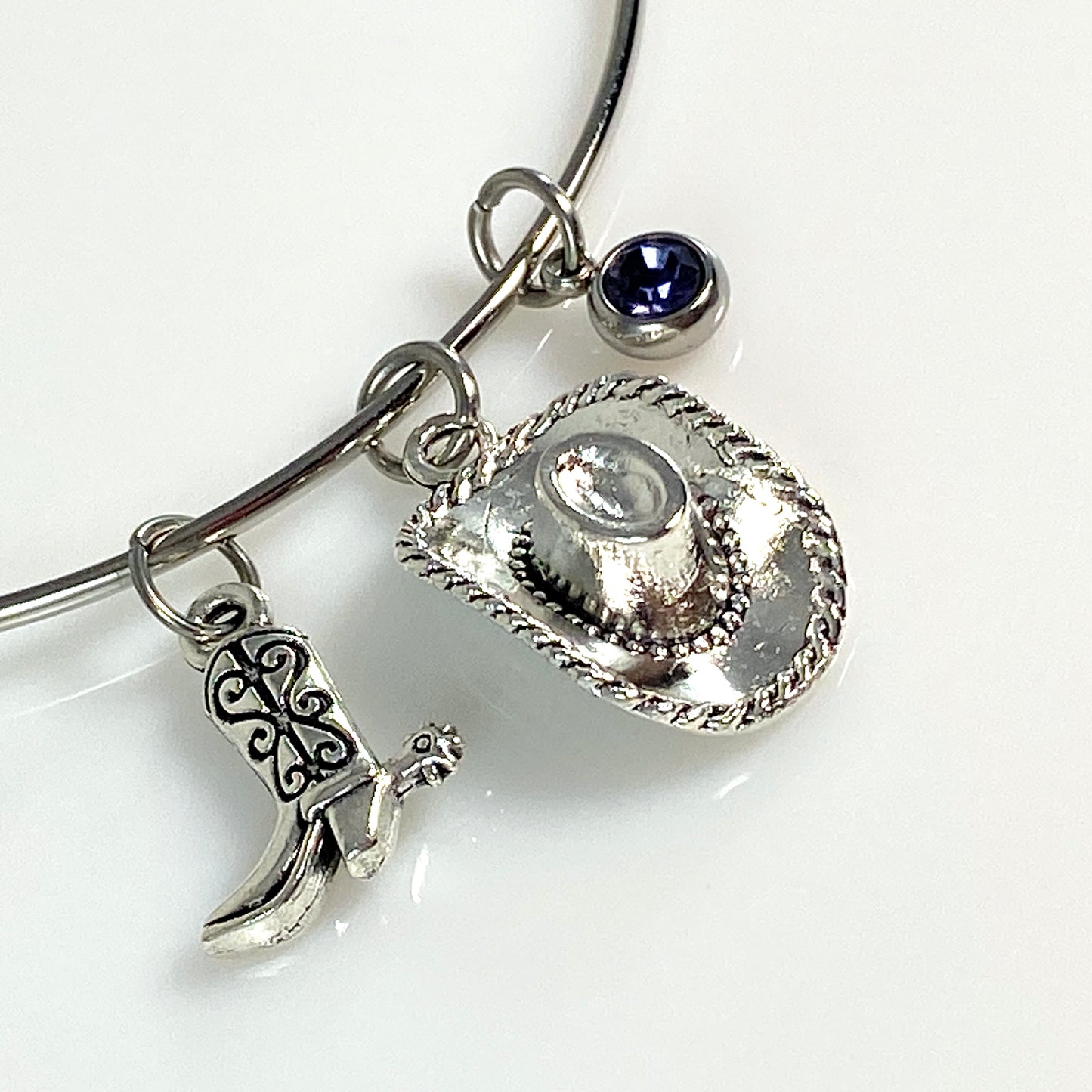 Silver Birthstone & Cowgirl Hat & Boot Charm Bangle Bracelet - MADE IN CANAD