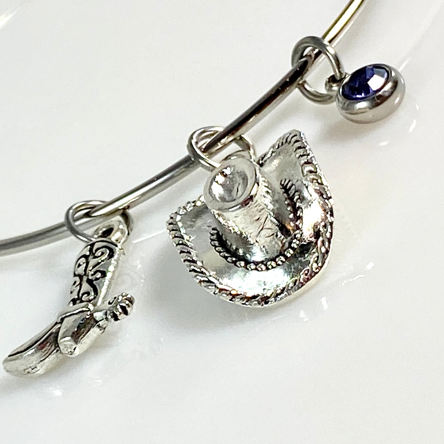 Silver Birthstone & Cowgirl Hat & Boot Charm Bangle Bracelet - MADE IN CANAD