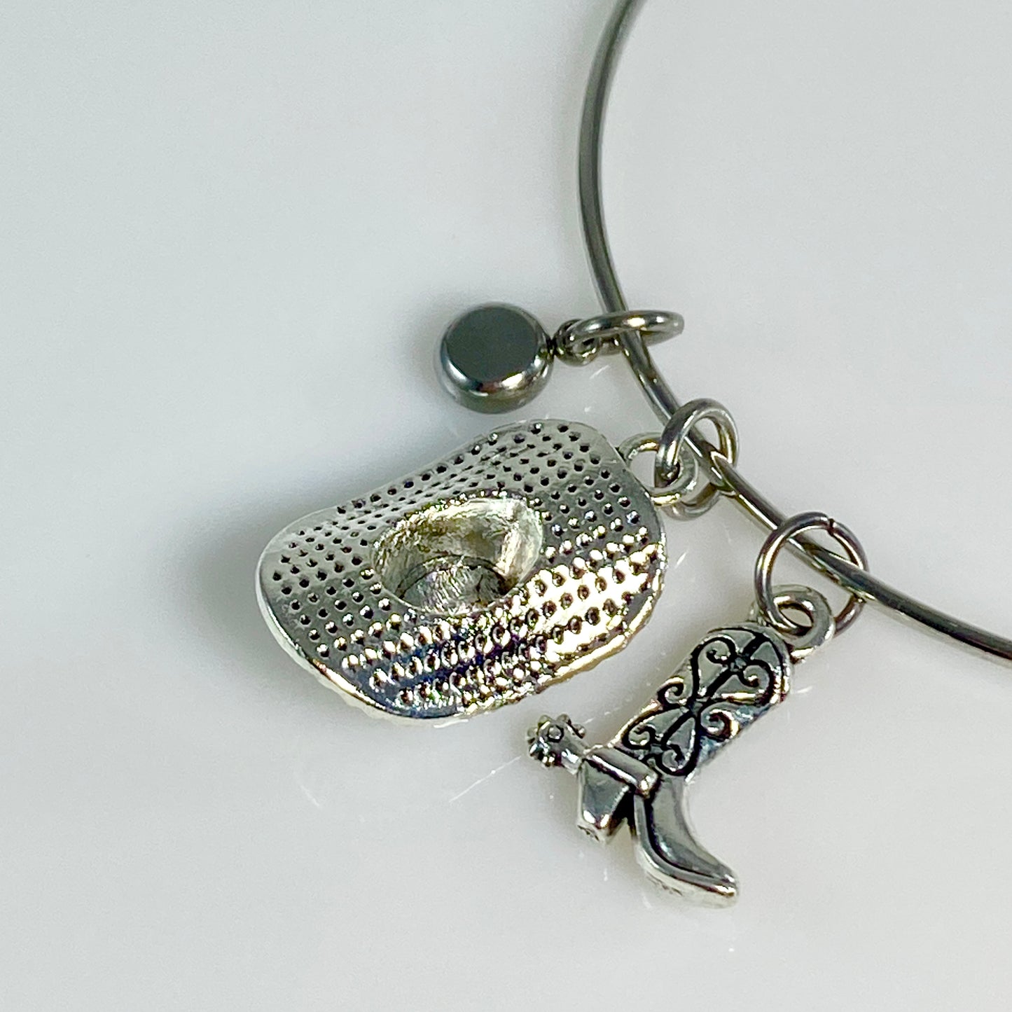 Silver Birthstone & Cowgirl Hat & Boot Charm Bangle Bracelet - MADE IN CANAD