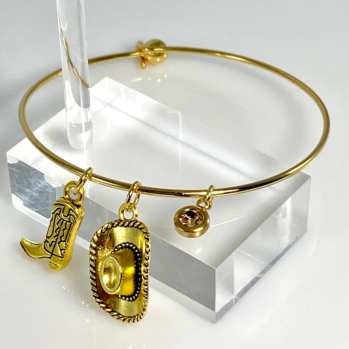 Gold Birthstone & Cowgirl Hat & Boot Bangle Bracelet