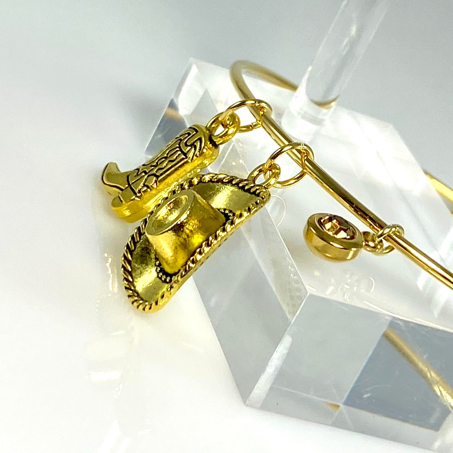 Gold Birthstone & Cowgirl Hat & Boot Bangle Bracelet