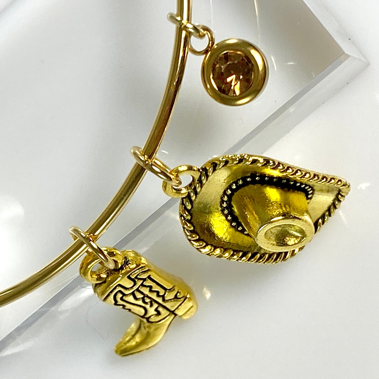 Gold Birthstone & Cowgirl Hat & Boot Bangle Bracelet
