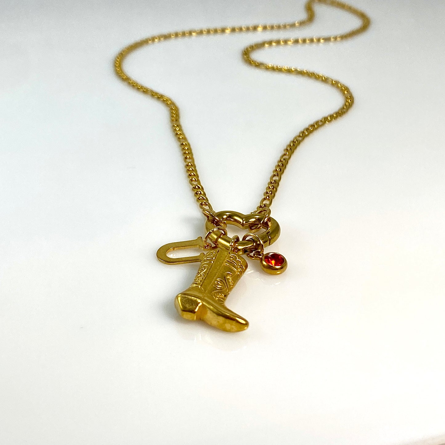 Gold Cowgirl Boot, Letter - Initial & Birthstone on a Heart Carabiner & Figaro Chain Necklace