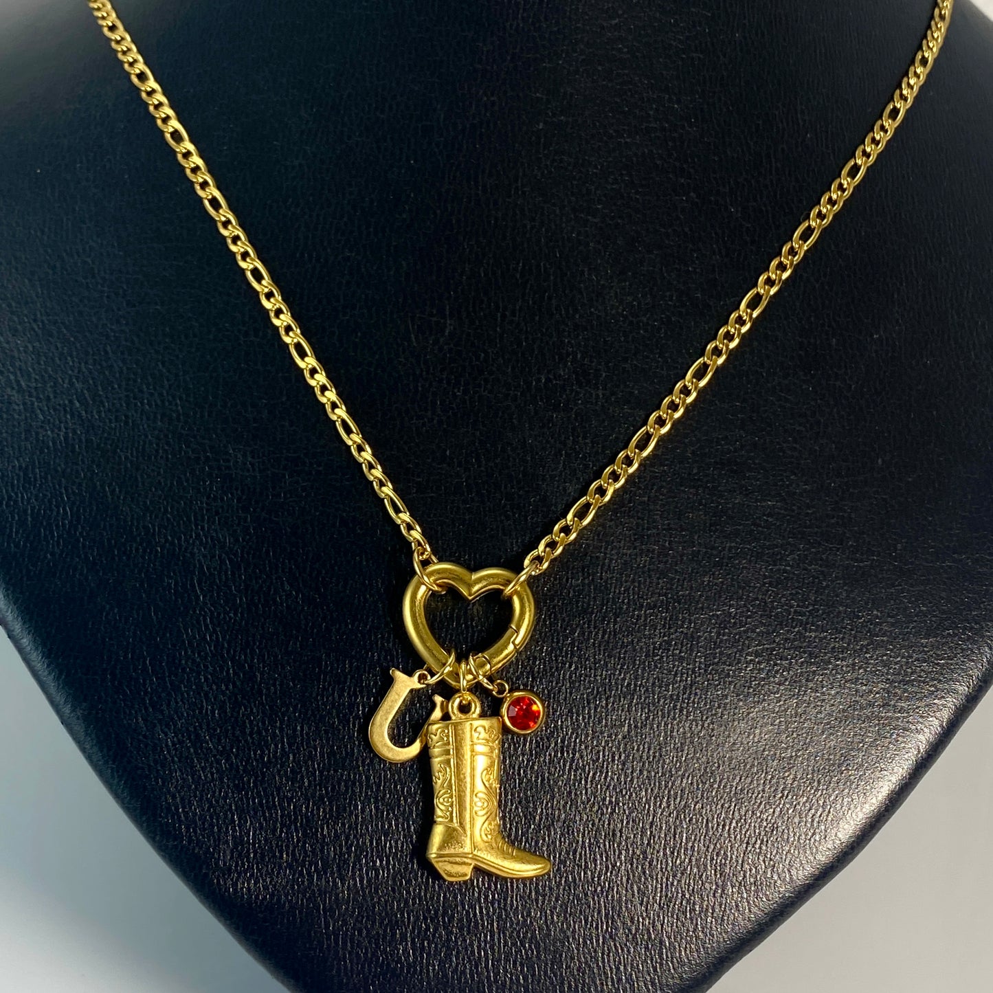 Gold Cowgirl Boot, Letter - Initial & Birthstone on a Heart Carabiner & Figaro Chain Necklace - MADE IN CANADA
