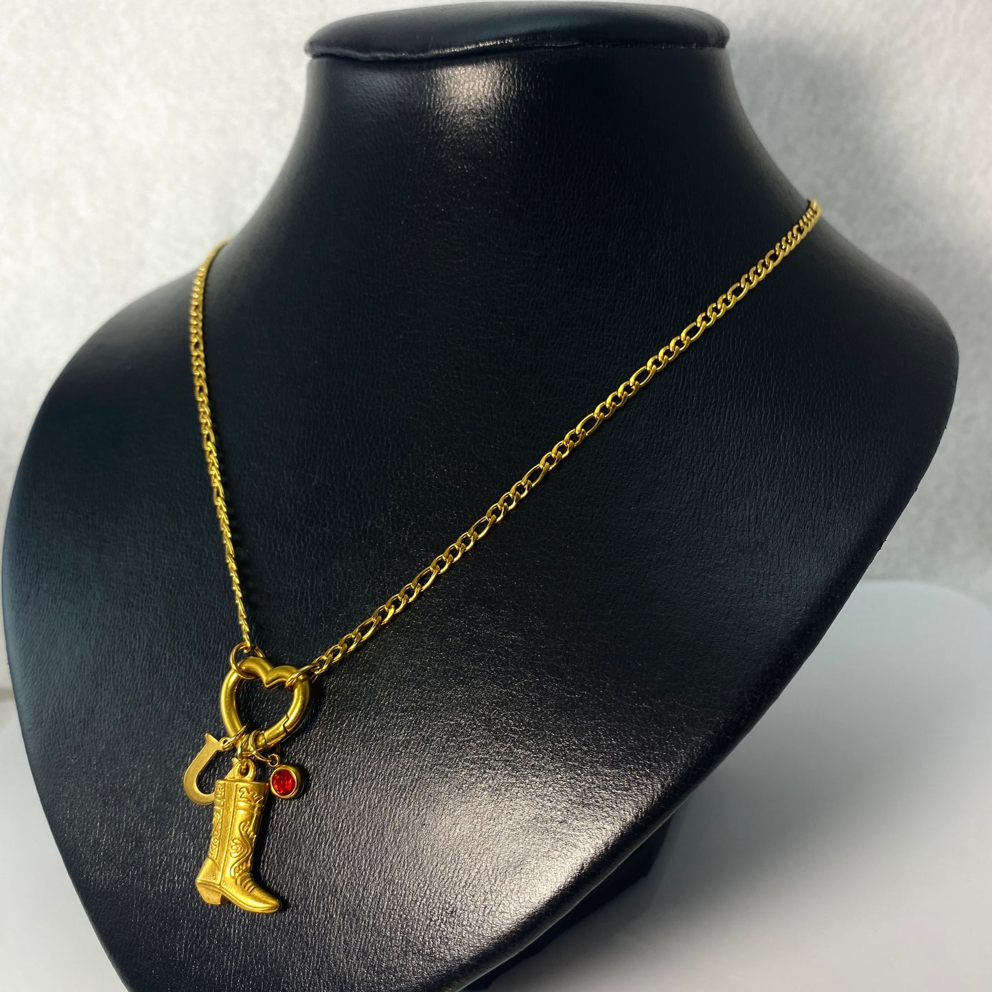 Gold Cowgirl Boot, Letter - Initial & Birthstone on a Heart Carabiner & Figaro Chain Necklace - MADE IN CANADA