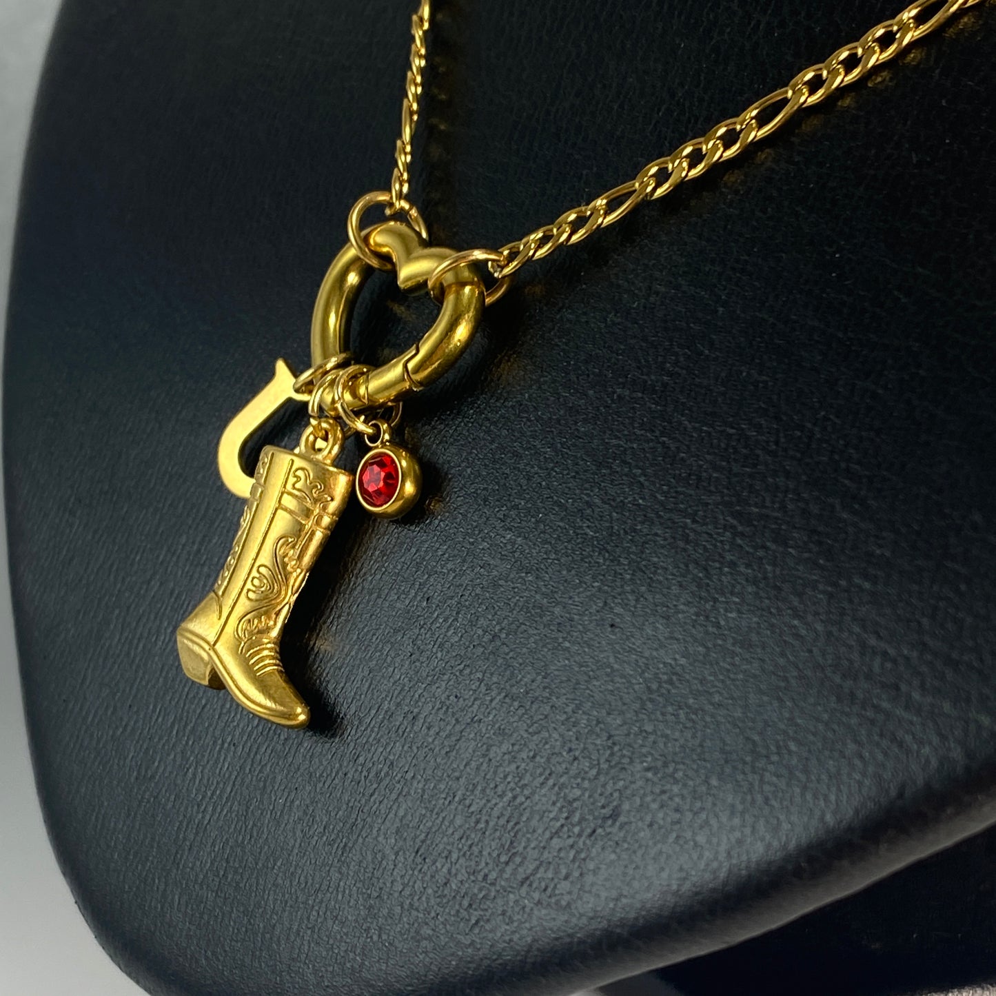 Gold Cowgirl Boot, Letter - Initial & Birthstone on a Heart Carabiner & Figaro Chain Necklace - MADE IN CANADA
