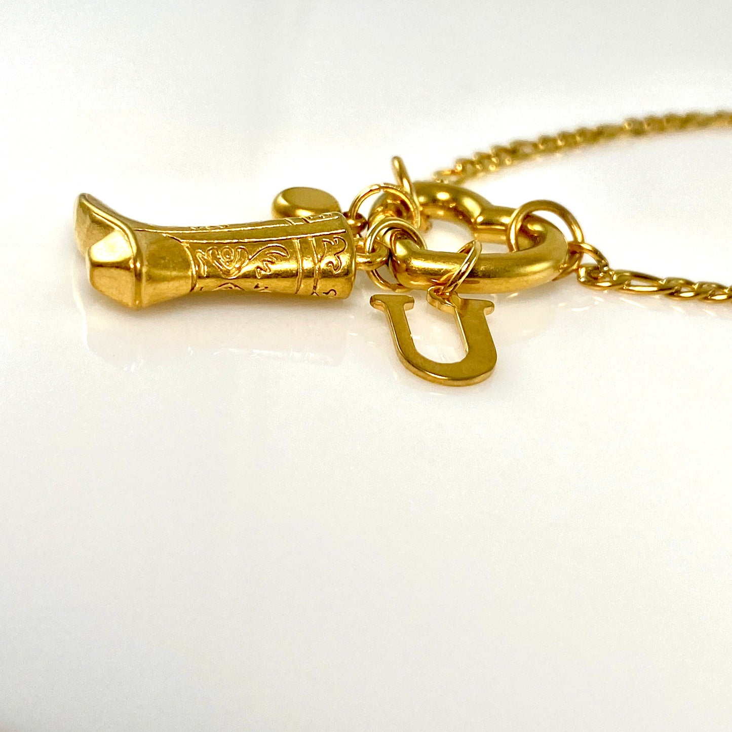 Gold Cowgirl Boot, Letter - Initial & Birthstone on a Heart Carabiner & Figaro Chain Necklace - MADE IN CANADA