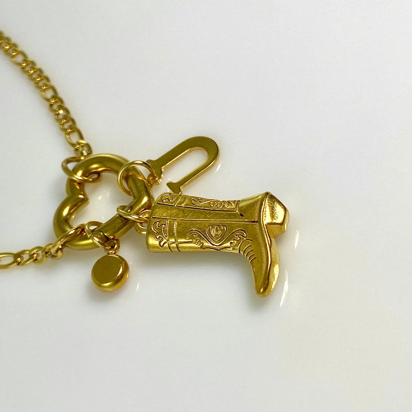 Gold Cowgirl Boot, Letter - Initial & Birthstone on a Heart Carabiner & Figaro Chain Necklace - MADE IN CANADA