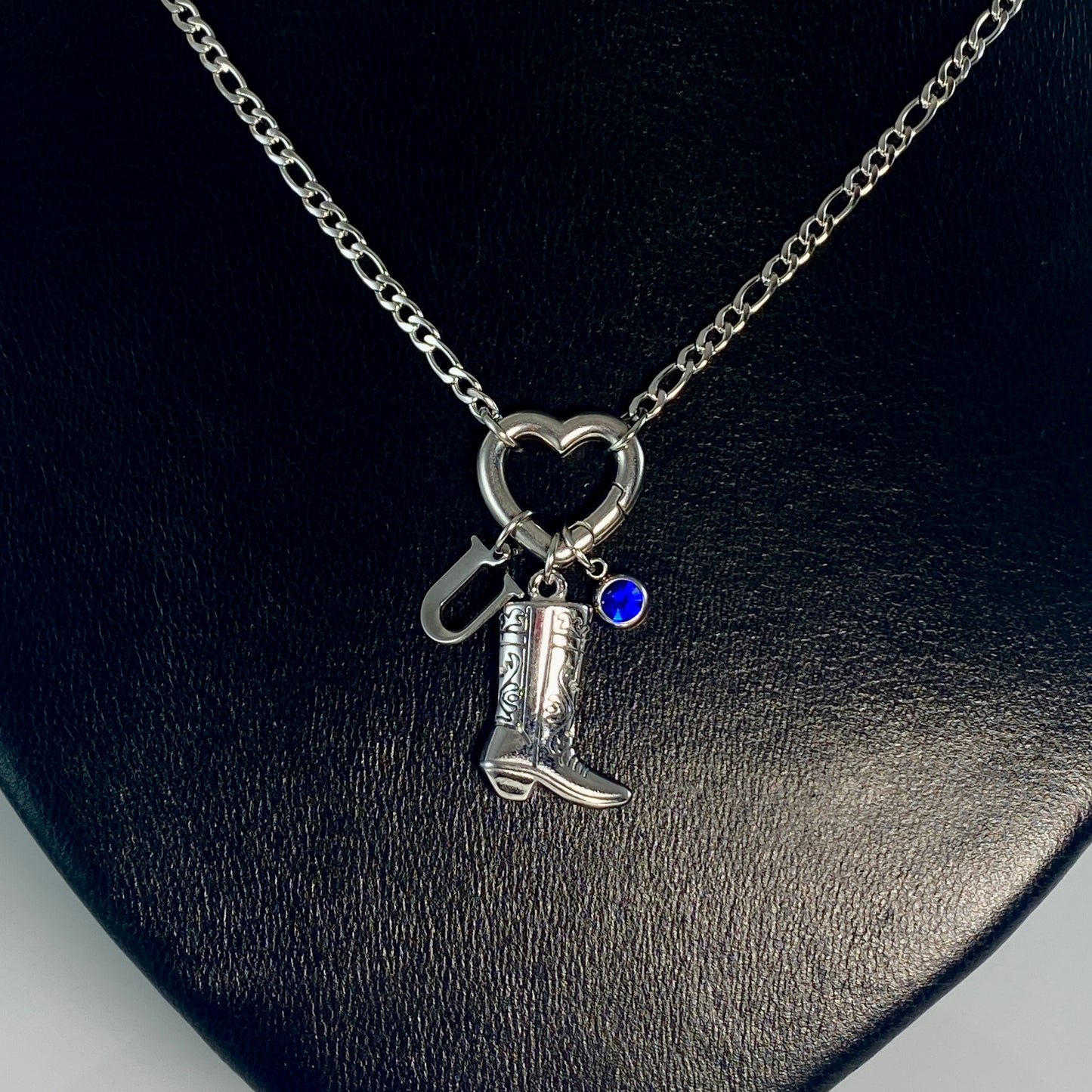 Silver Cowgirl Boot, Letter - Initial & Birthstone on a Heart Carabiner & Figaro Chain Necklace - MADE IN CANADA