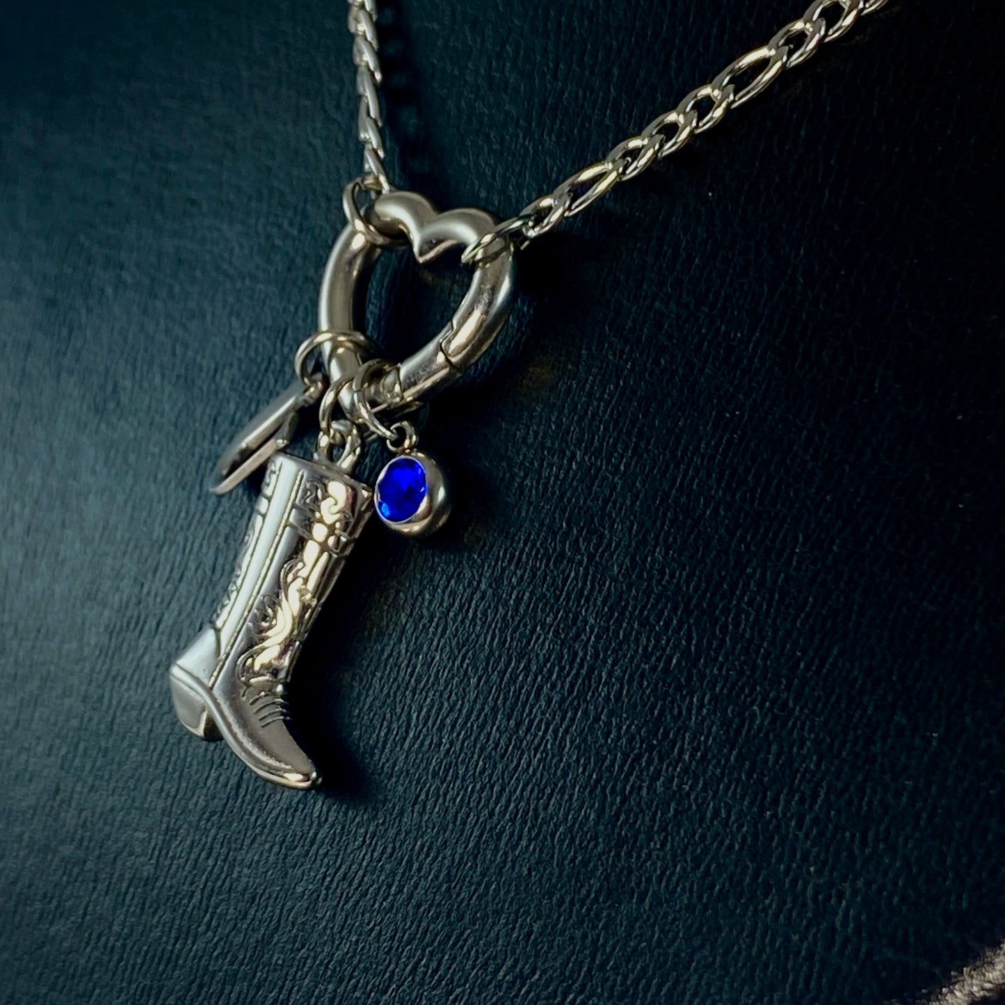 Silver Cowgirl Boot, Letter - Initial & Birthstone on a Heart Carabiner & Figaro Chain Necklace - MADE IN CANADA
