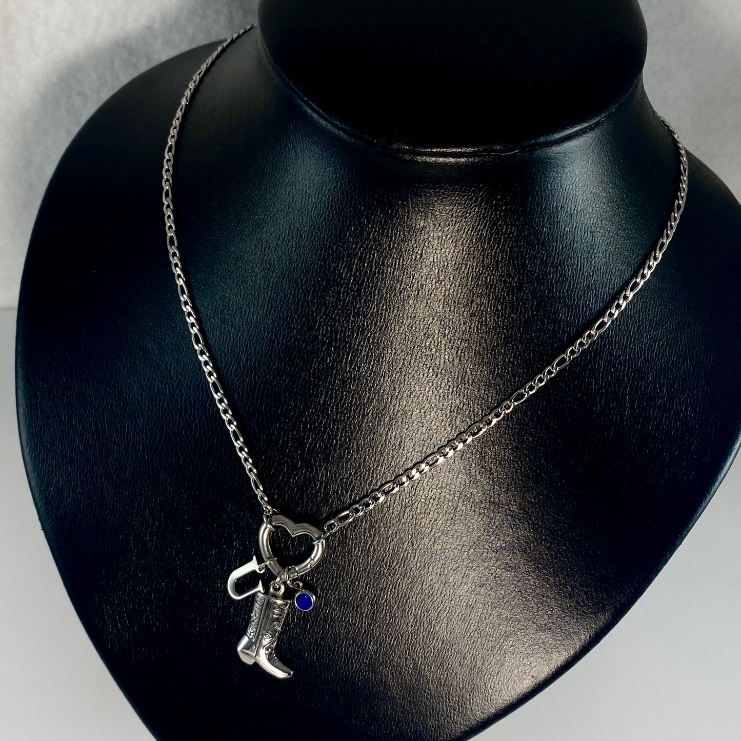 Silver Cowgirl Boot, Letter - Initial & Birthstone on a Heart Carabiner & Figaro Chain Necklace - MADE IN CANADA
