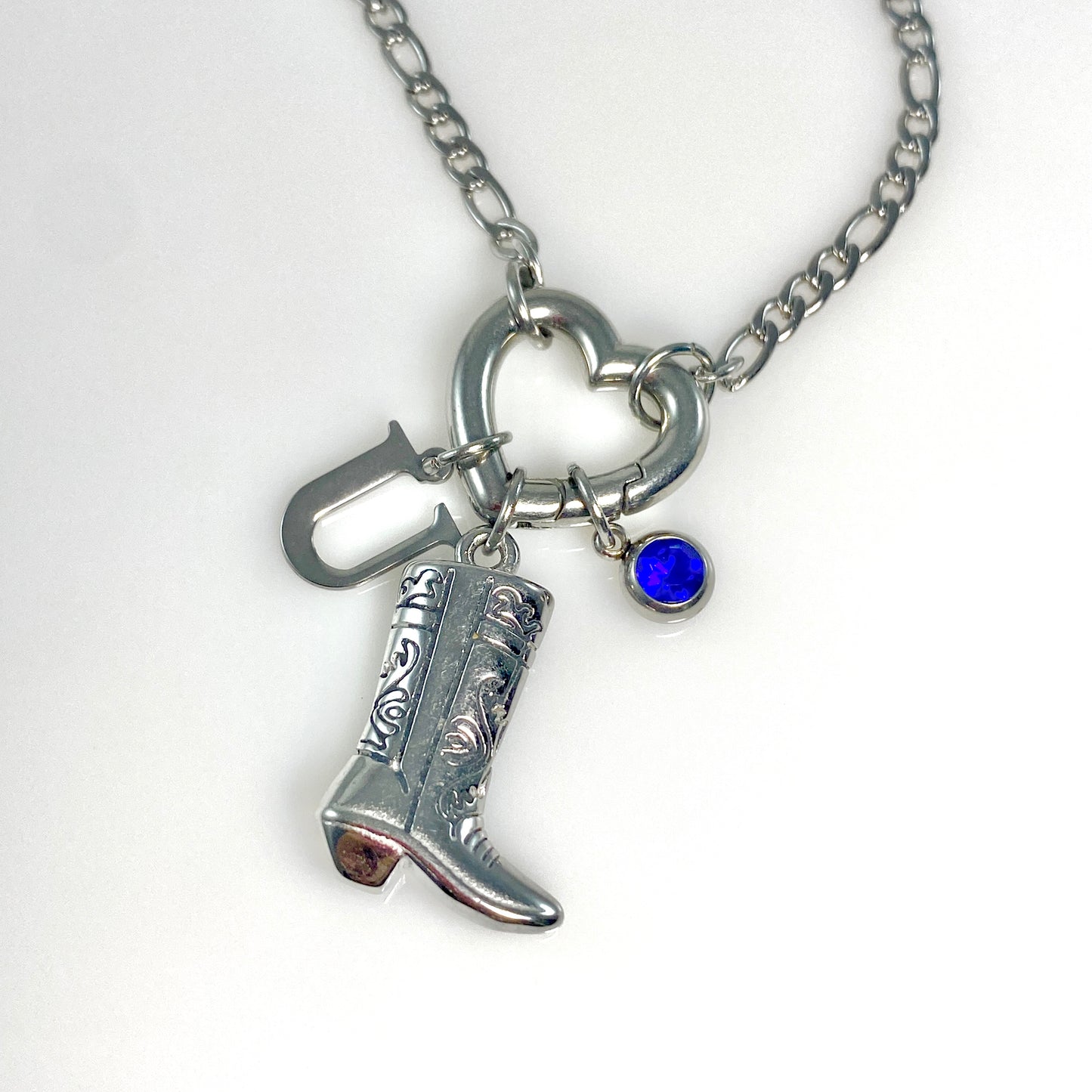 Silver Cowgirl Boot, Letter - Initial & Birthstone on a Heart Carabiner & Figaro Chain Necklace - MADE IN CANADA