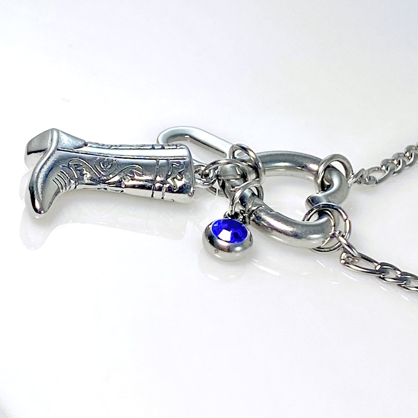 Silver Cowgirl Boot, Letter - Initial & Birthstone on a Heart Carabiner & Figaro Chain Necklace - MADE IN CANADA