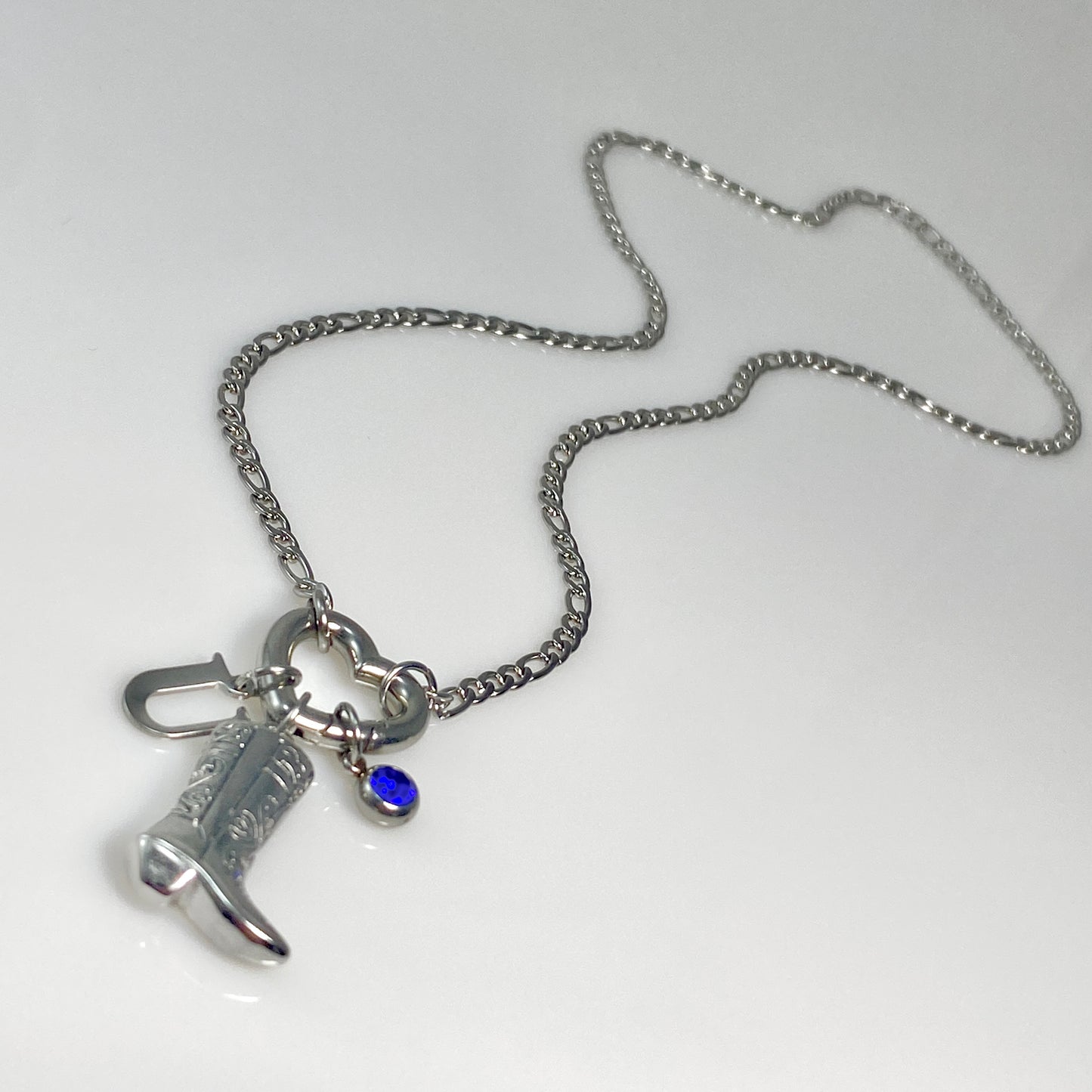 Silver Cowgirl Boot, Letter - Initial & Birthstone on a Heart Carabiner & Figaro Chain Necklace - MADE IN CANADA