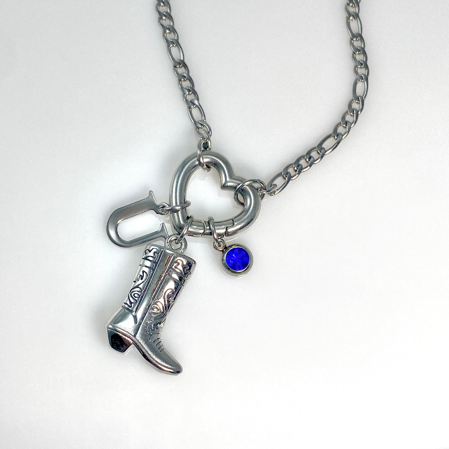 Silver Cowgirl Boot, Letter - Initial & Birthstone on a Heart Carabiner & Figaro Chain Necklace