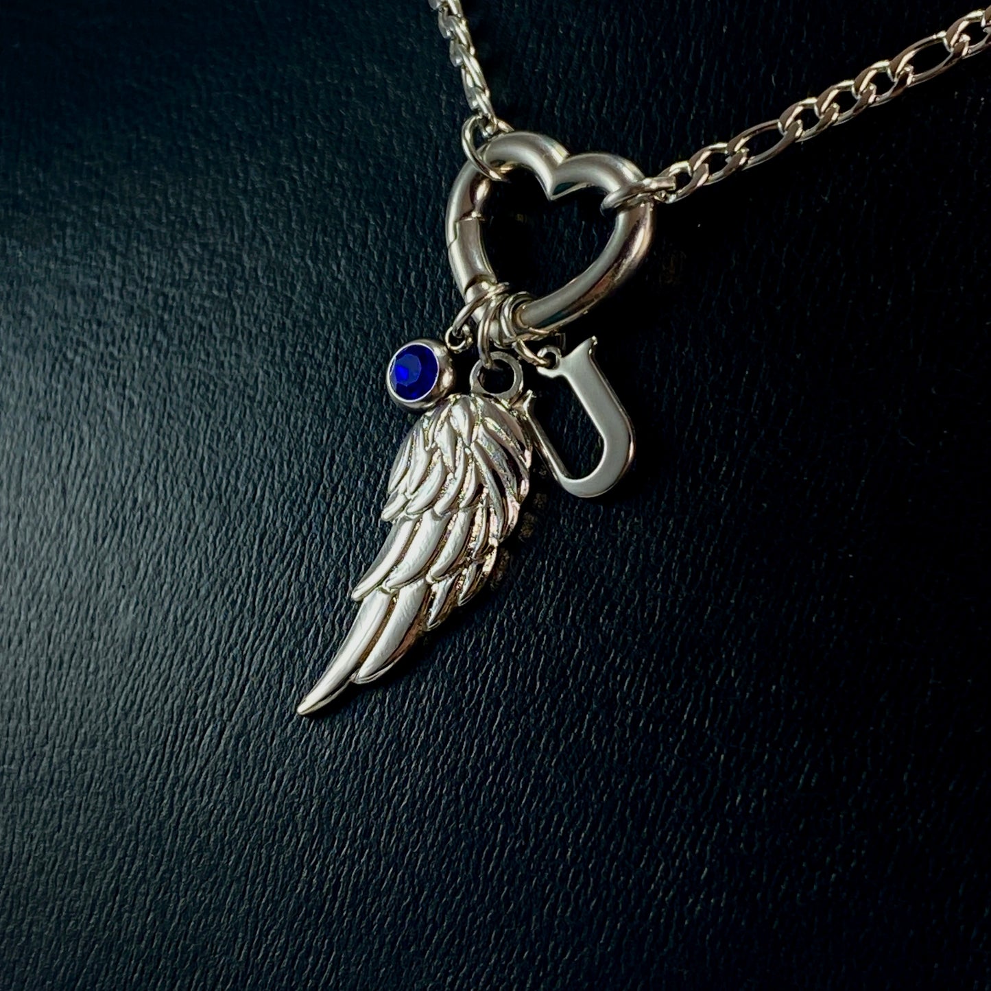 Silver Wing, Letter - Initial & Birthstone on a Heart Carabiner & Figaro Chain Necklace