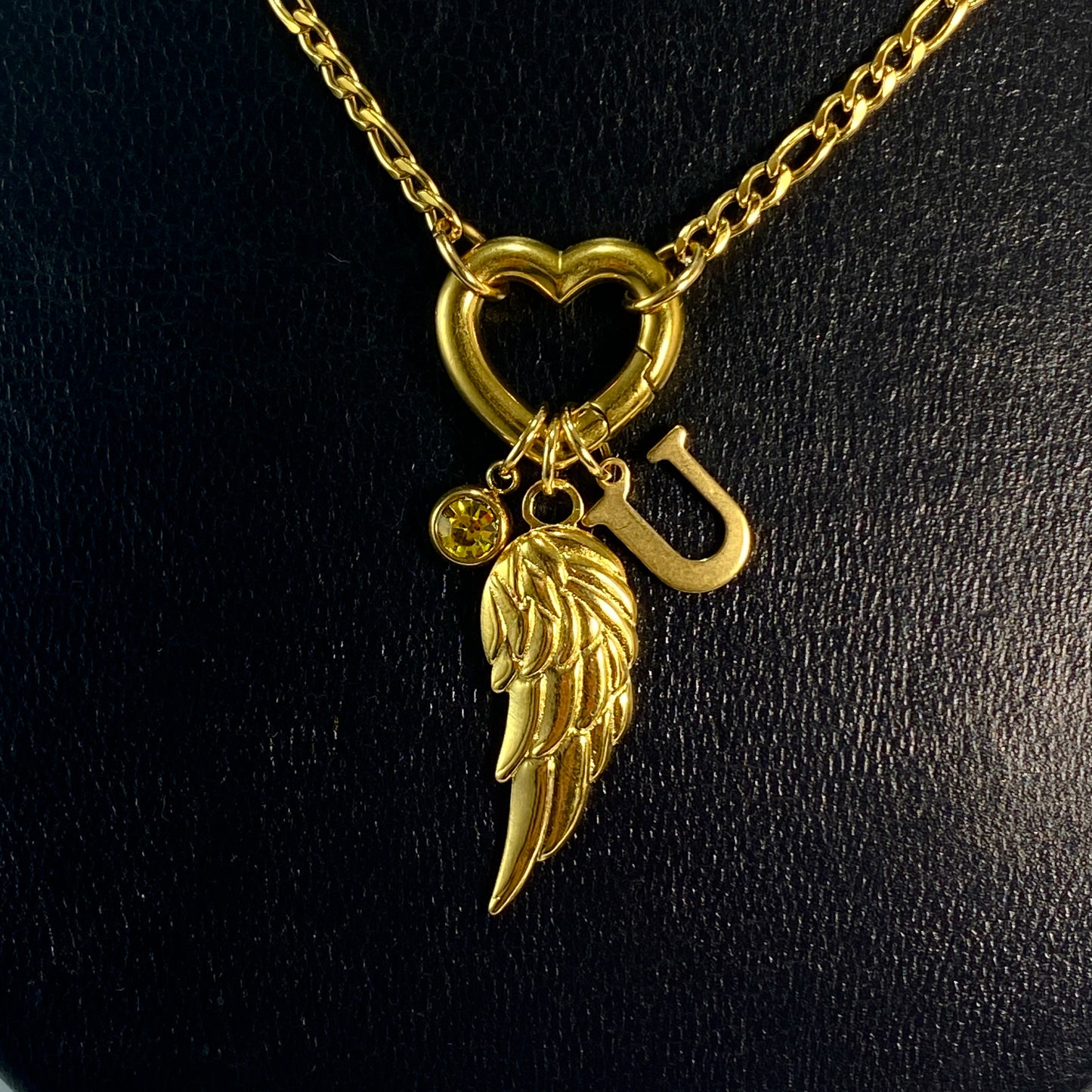 Wing, Letter - Initial & Birthstone on a Heart Carabiner & Figaro Chain Necklace - MADE IN CANADA