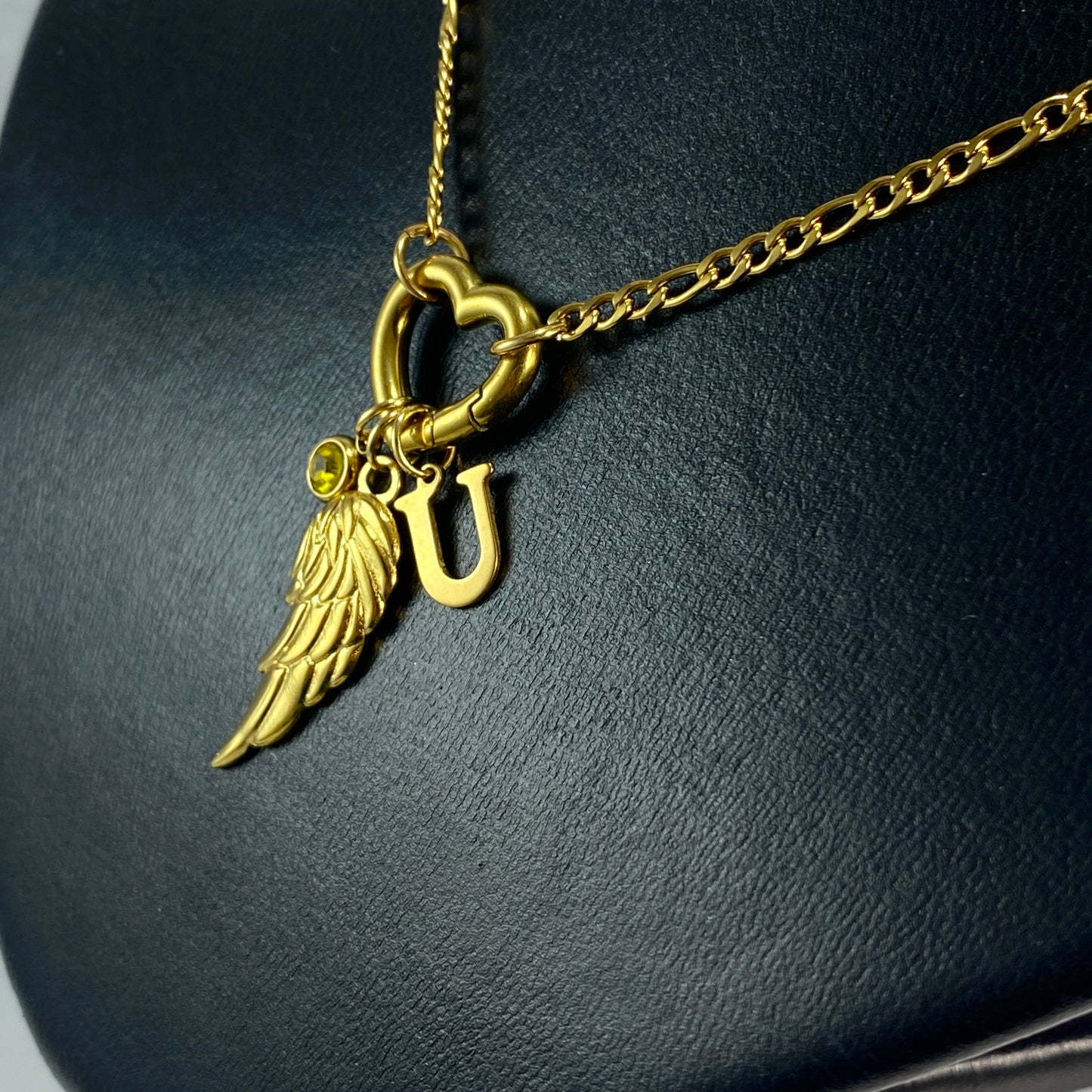 Wing, Letter - Initial & Birthstone on a Heart Carabiner & Figaro Chain Necklace - MADE IN CANADA