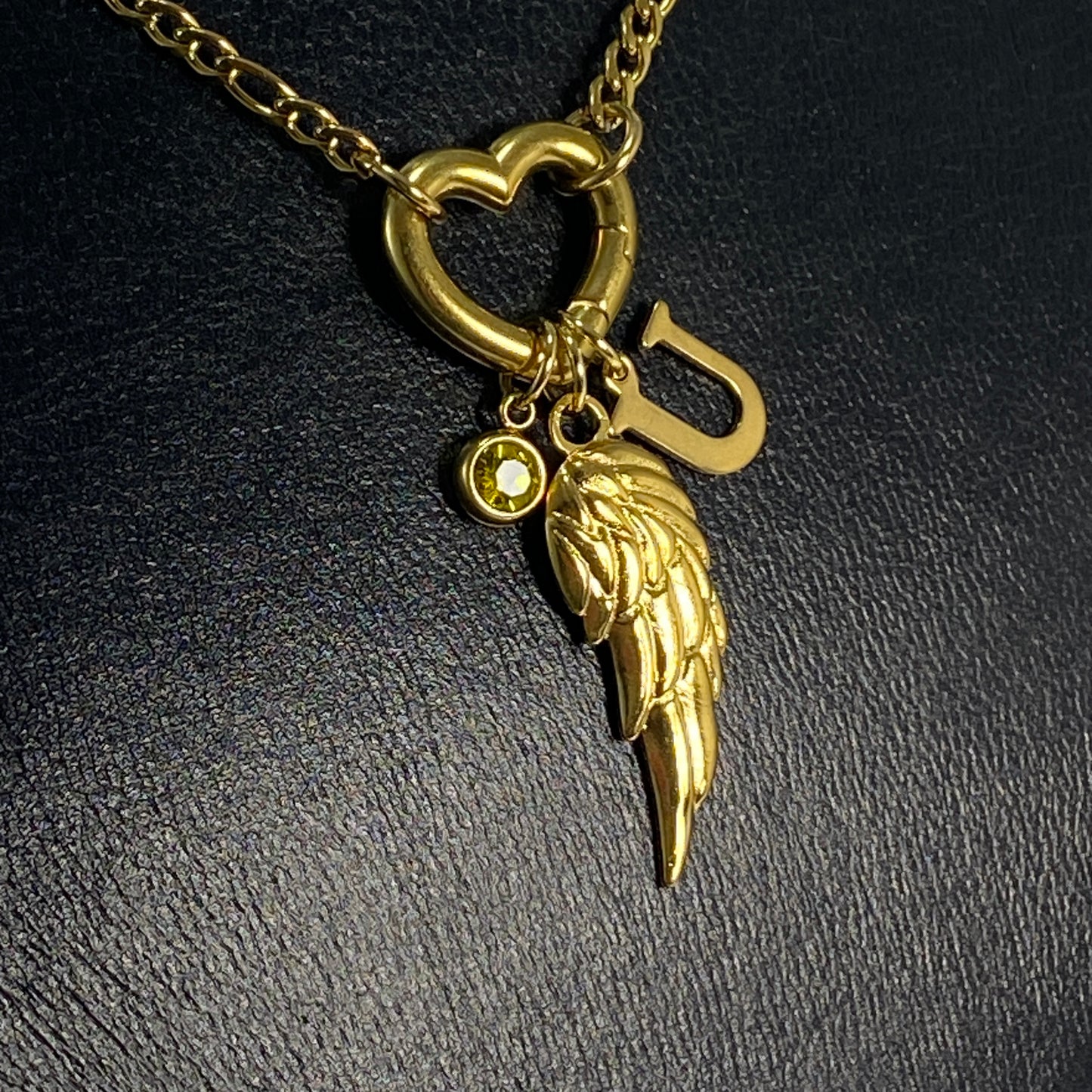 Wing, Letter - Initial & Birthstone on a Heart Carabiner & Figaro Chain Necklace - MADE IN CANADA