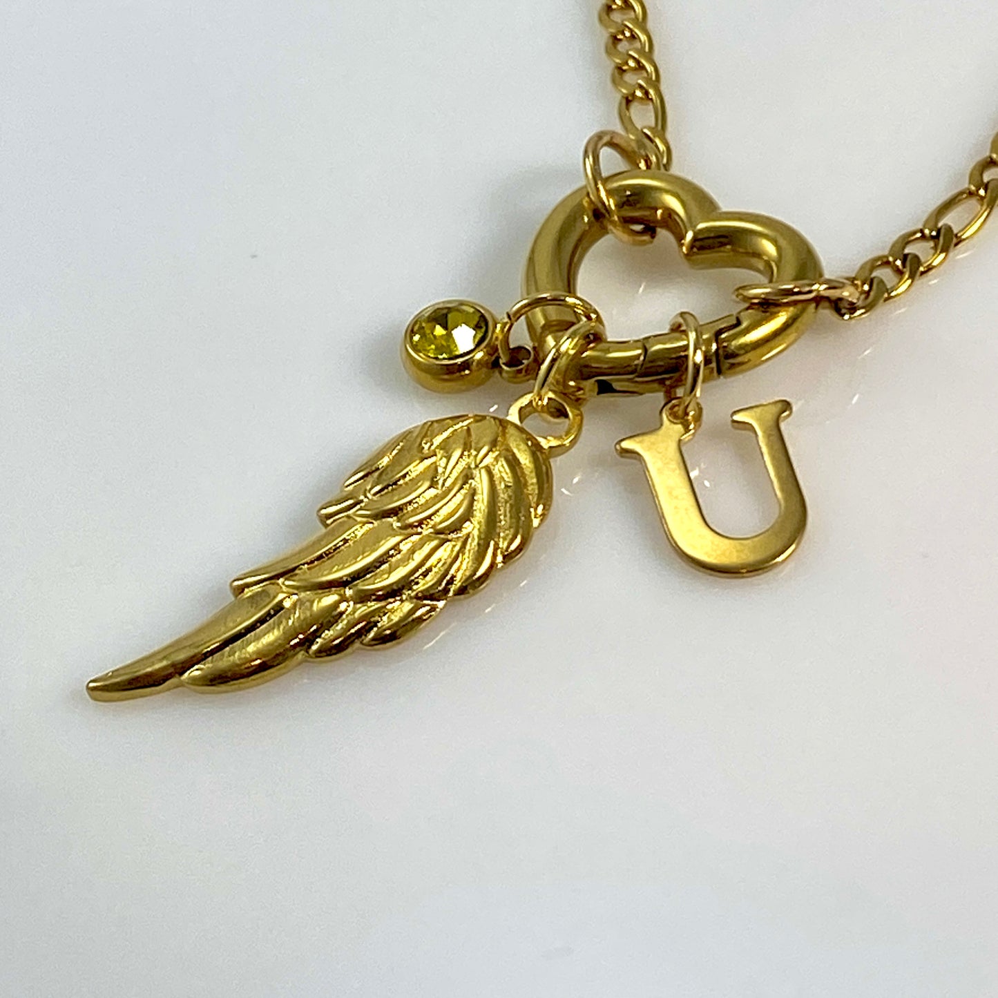 Wing, Letter - Initial & Birthstone on a Heart Carabiner & Figaro Chain Necklace - MADE IN CANADA