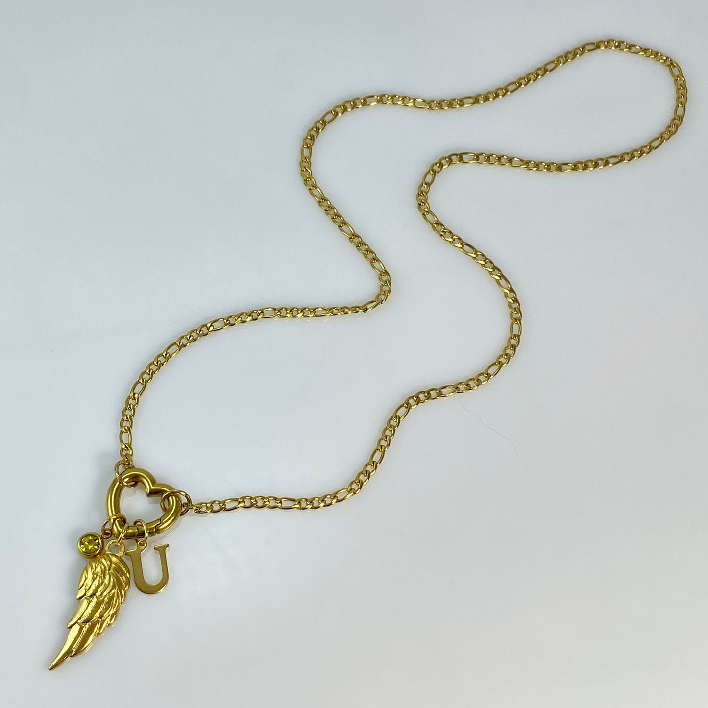 Wing, Letter - Initial & Birthstone on a Heart Carabiner & Figaro Chain Necklace - MADE IN CANADA