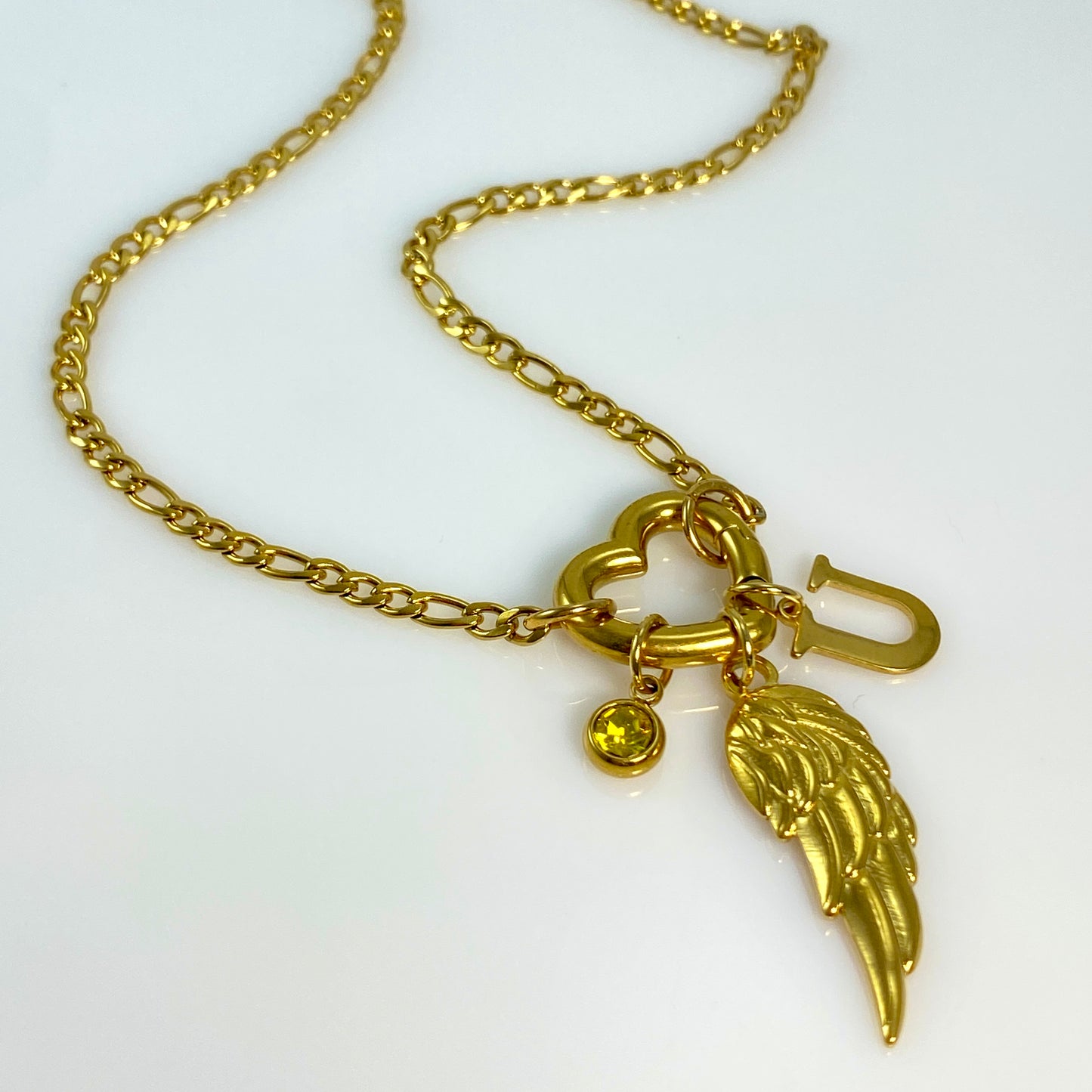 Wing, Letter - Initial & Birthstone on a Heart Carabiner & Figaro Chain Necklace - MADE IN CANADA