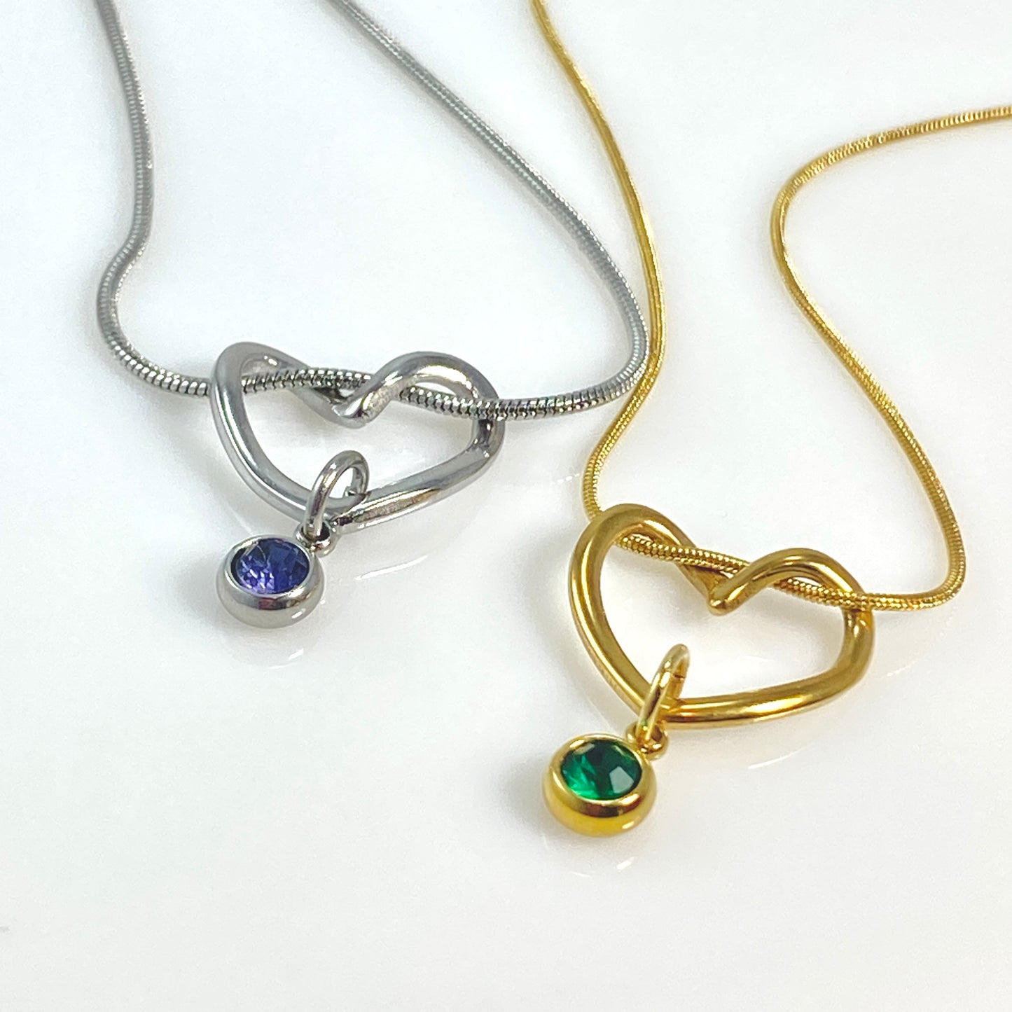 Curled Heart & Birthstone Snake Chain Necklace