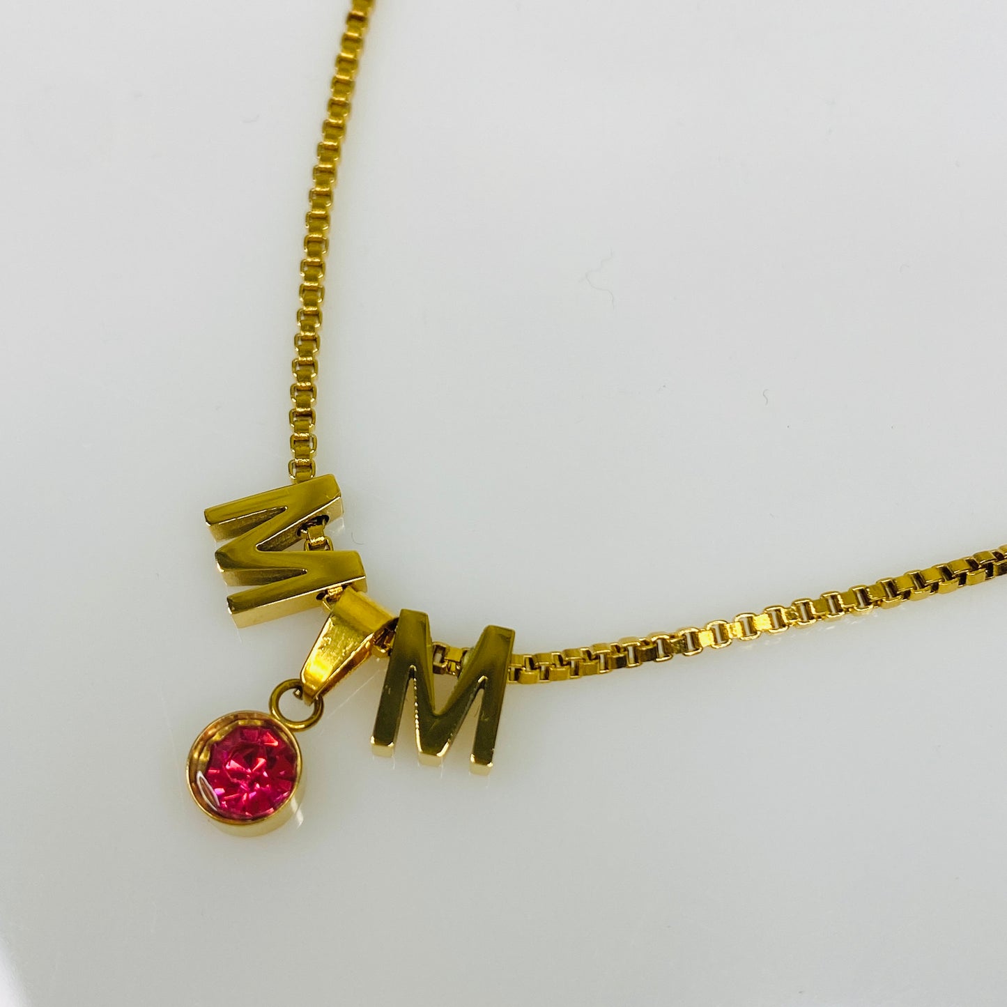 18 kt Gold Plated Stainless Steel Cubic Zirconia Birthstone & Initials on Box Chain Necklace