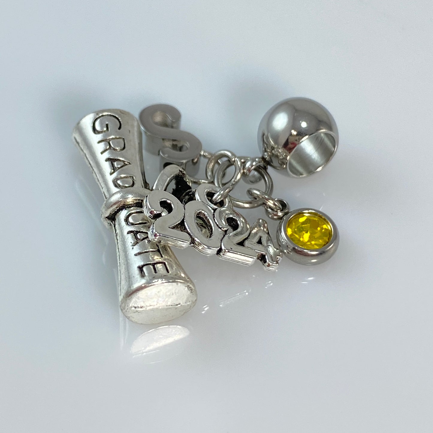 Graduation Charm with Year, Letter - Initial & Birthstone on Rolo Chain Necklace