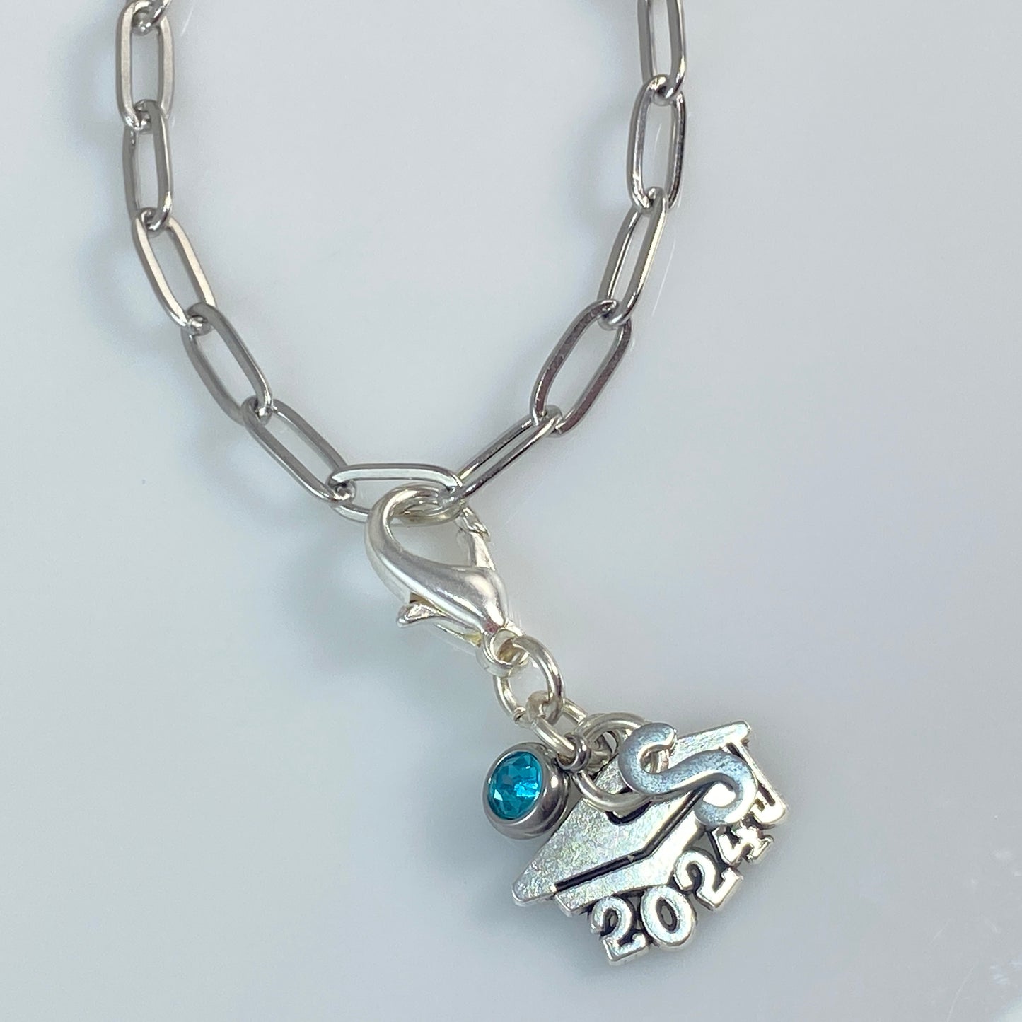 Graduation Initial, Year & Birthstone Charm on Paperclip Chain Necklace