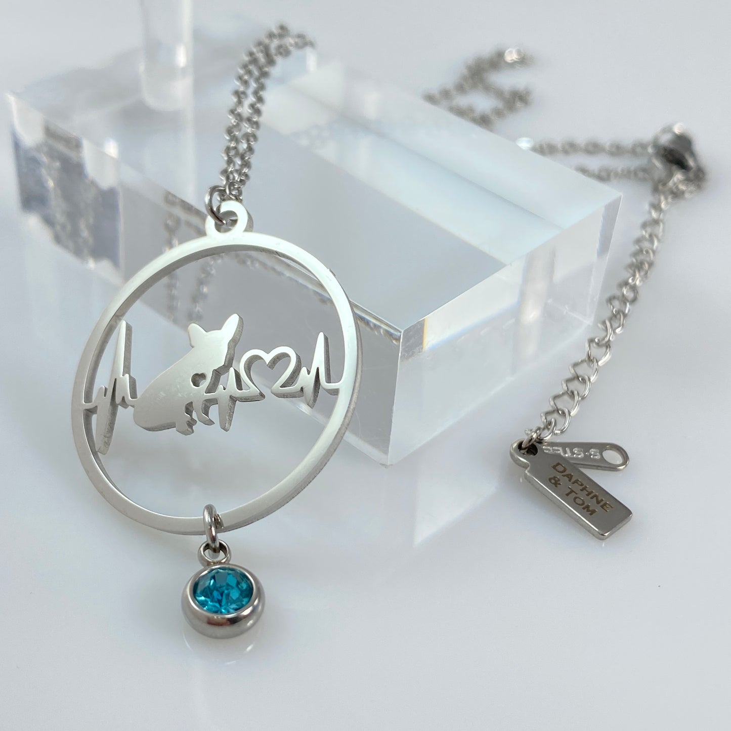 French Bulldog Heartbeat Pendant & Birthstone Cable Chain Necklace