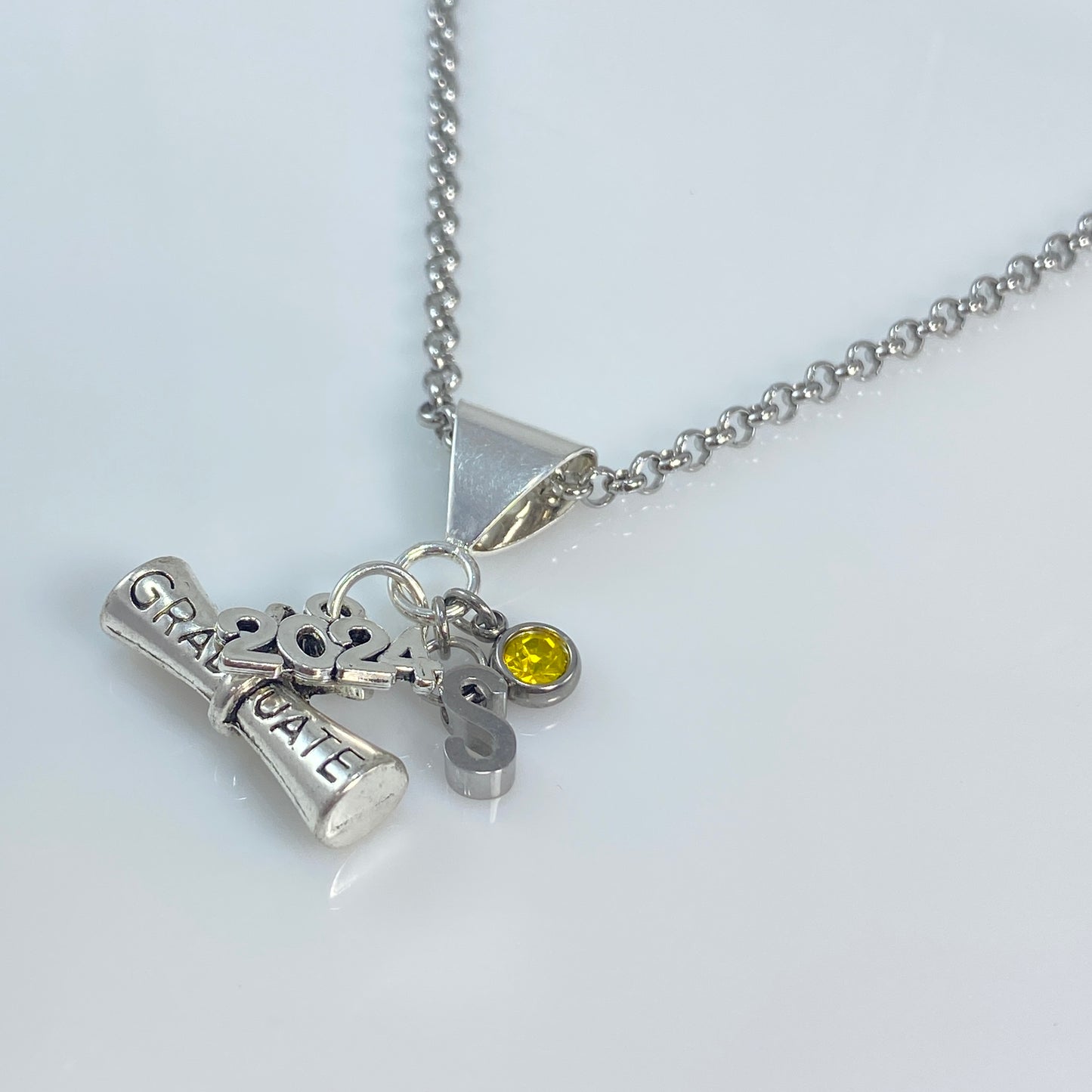 Graduation Charm with Year, Letter - Initial & Birthstone on Rolo Chain Necklace