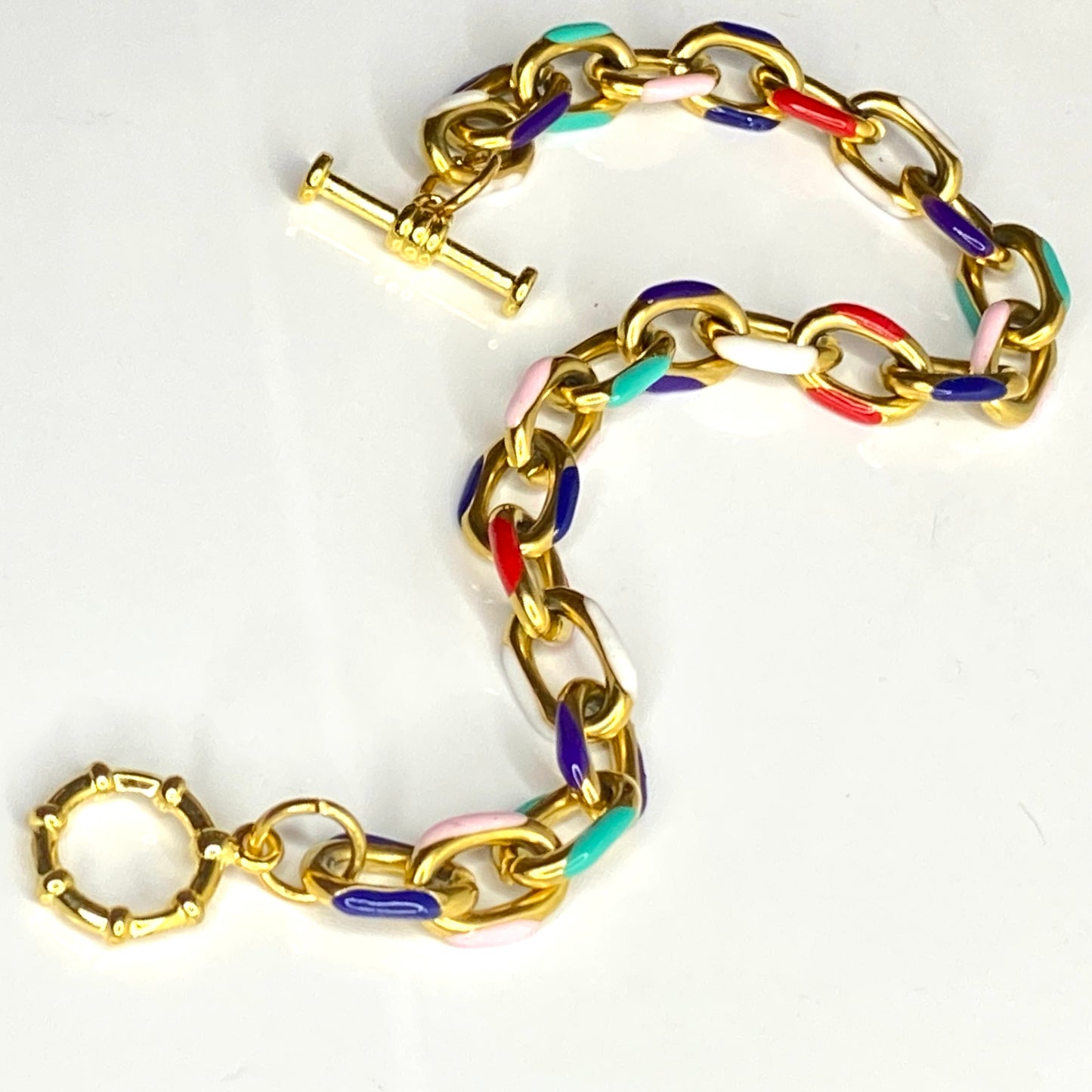 18 kt Gold Plated Enamel Stainless Steel Cable Chain Link Bracelet
