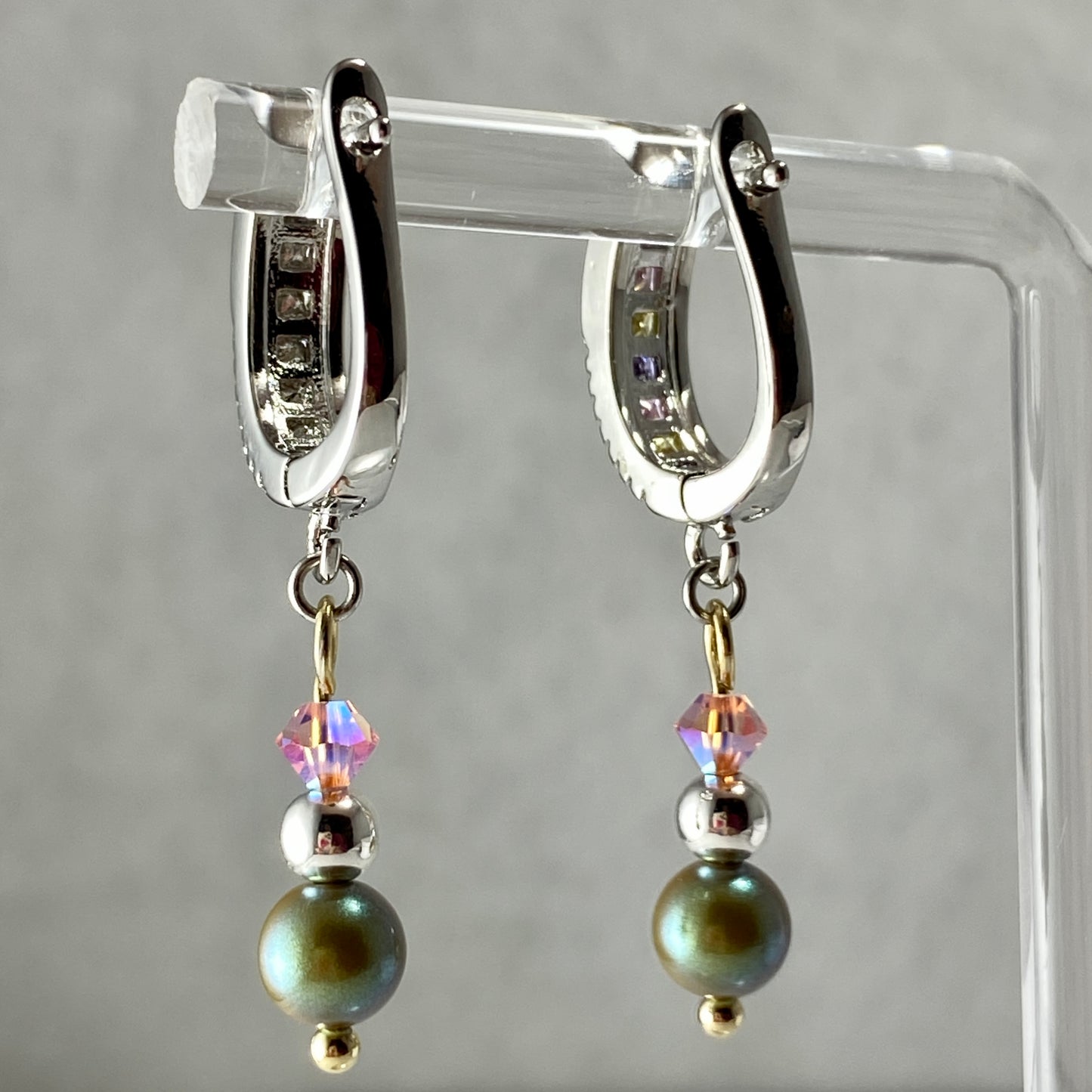 Boucles d'oreilles en argent sterling avec cristaux et perles autrichiennes et pierres en zircone cubique