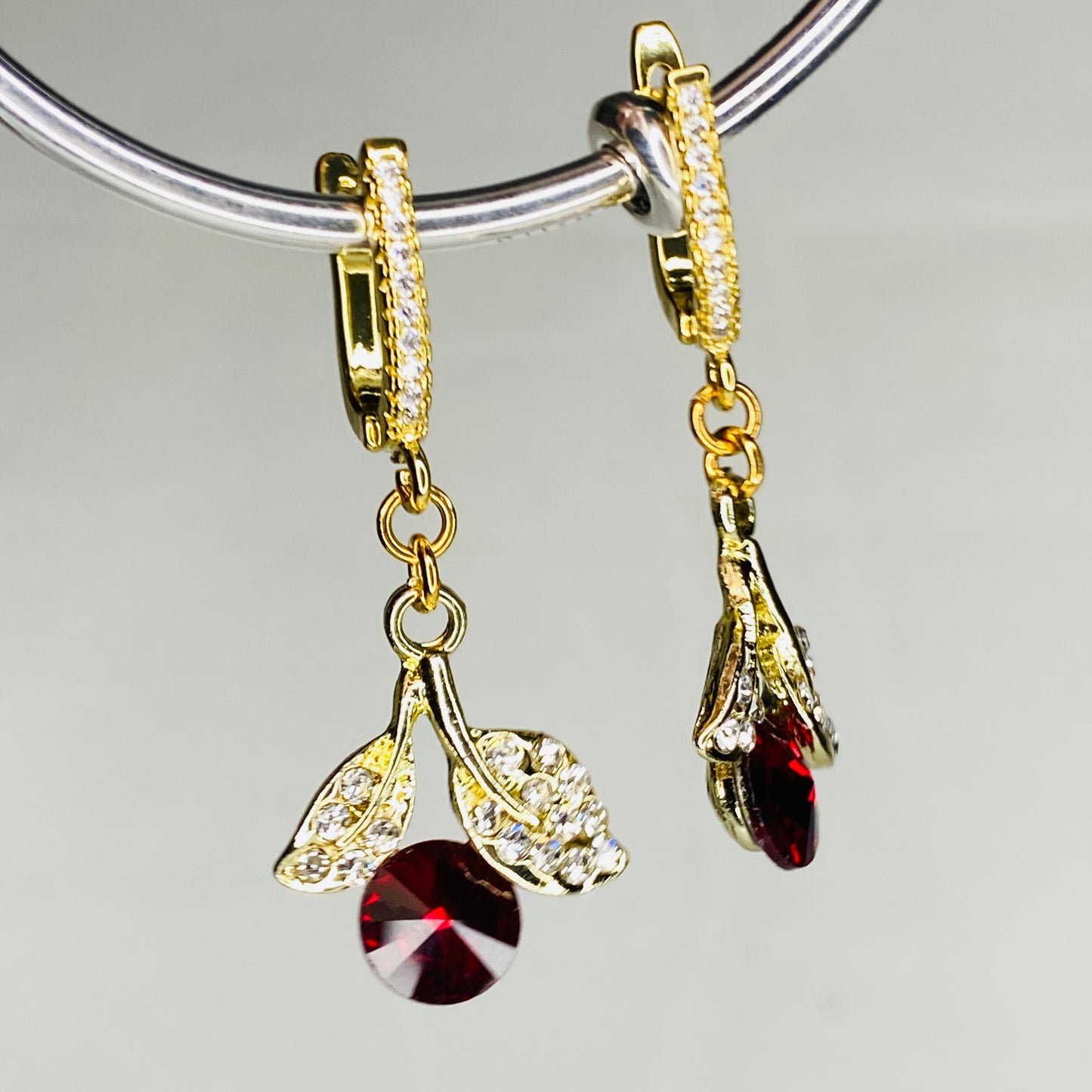 Cherries & Leaves CZ Hook Earrings