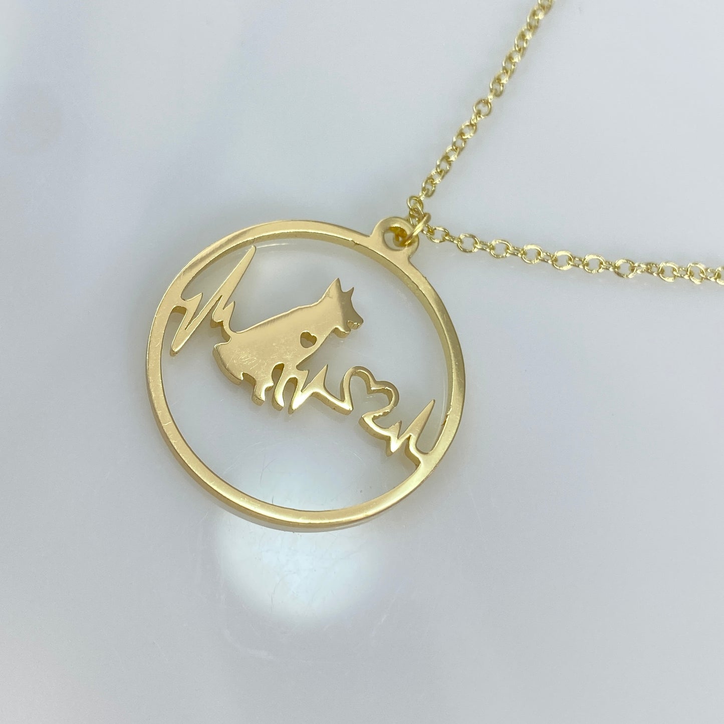 18 kt Gold Plated or Silver Shepherd or Collie Dog Heartbeat & Heart with Birthstone Pendant Cable Chain Necklace Stainless Steel