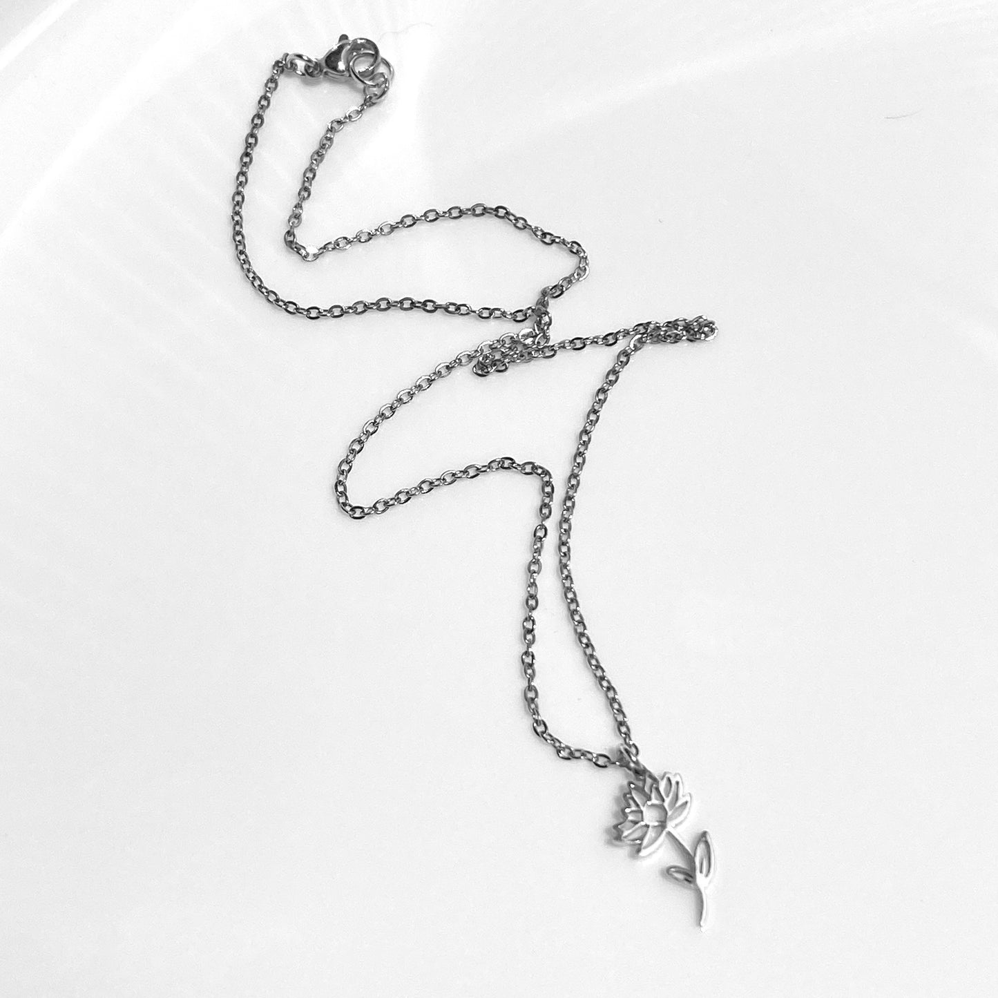 Silver Birth Flower Cable Chain Necklace