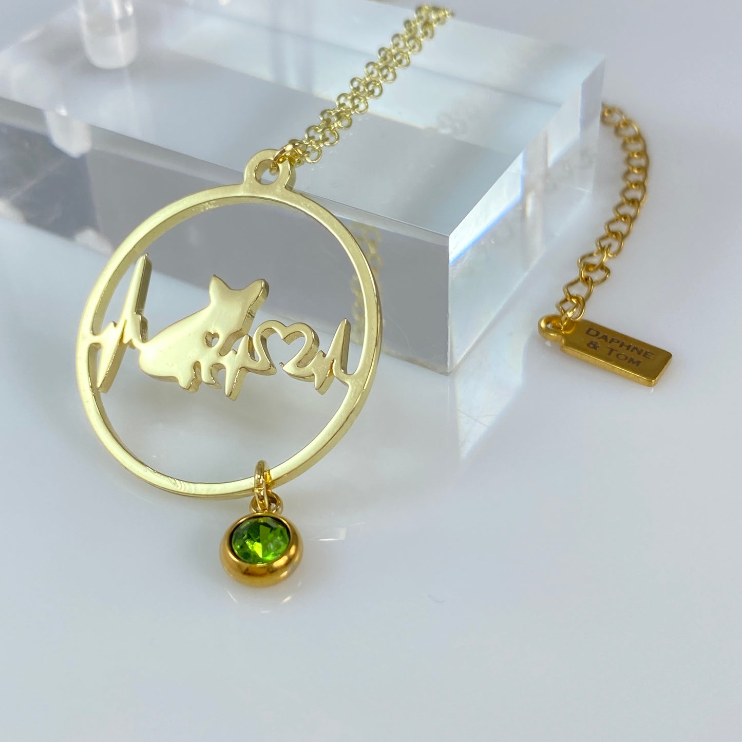 French Bulldog Heartbeat Pendant & Birthstone Cable Chain Necklace