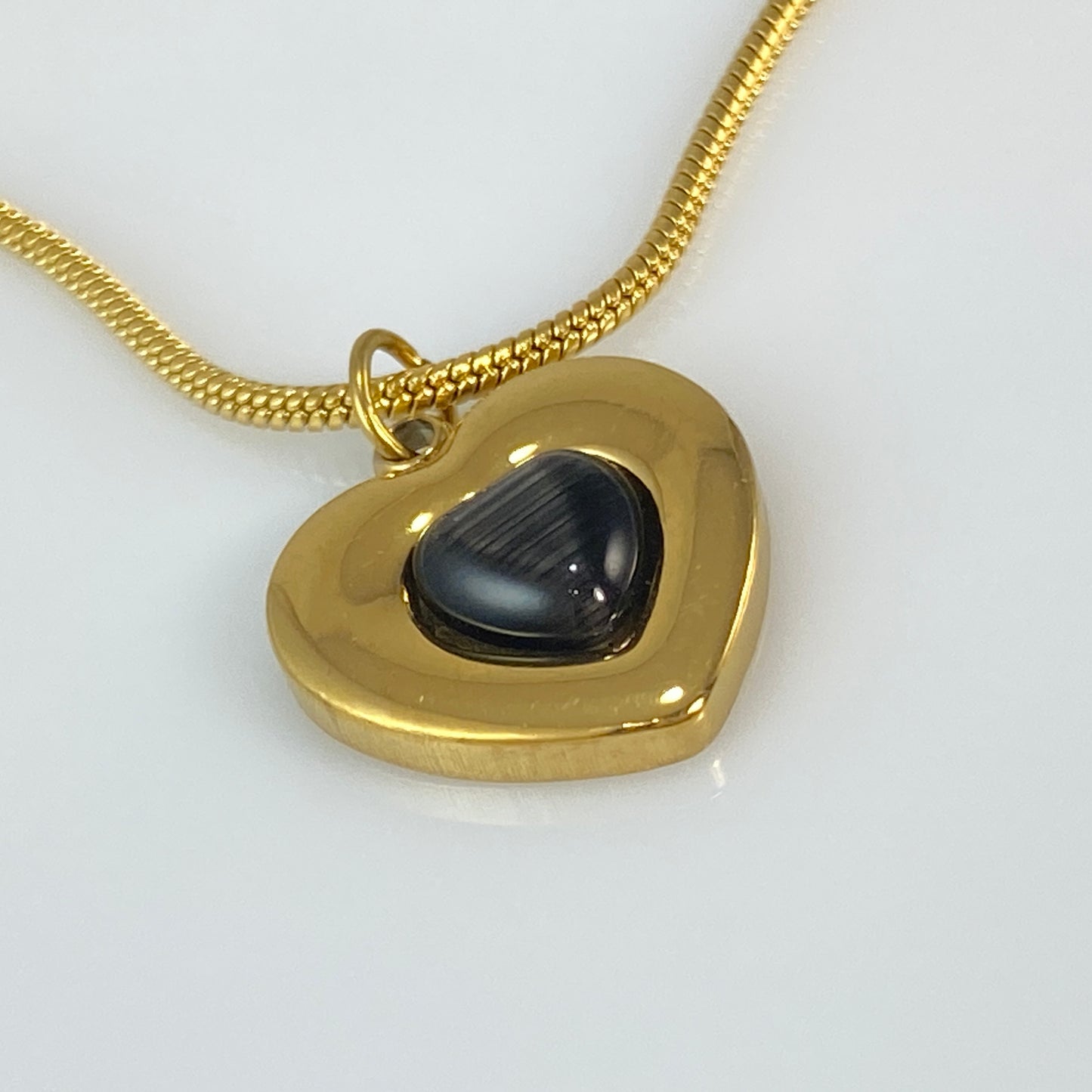 18 kt Gold Plated Black Heart Pendant on Stainless Steel Snake Chain Necklace