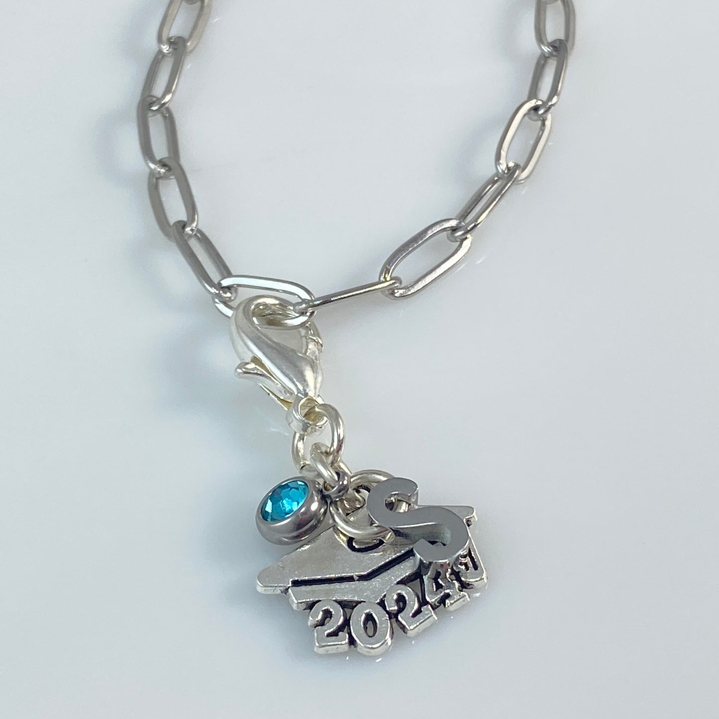 Graduation Initial, Year & Birthstone Charm on Paperclip Chain Necklace