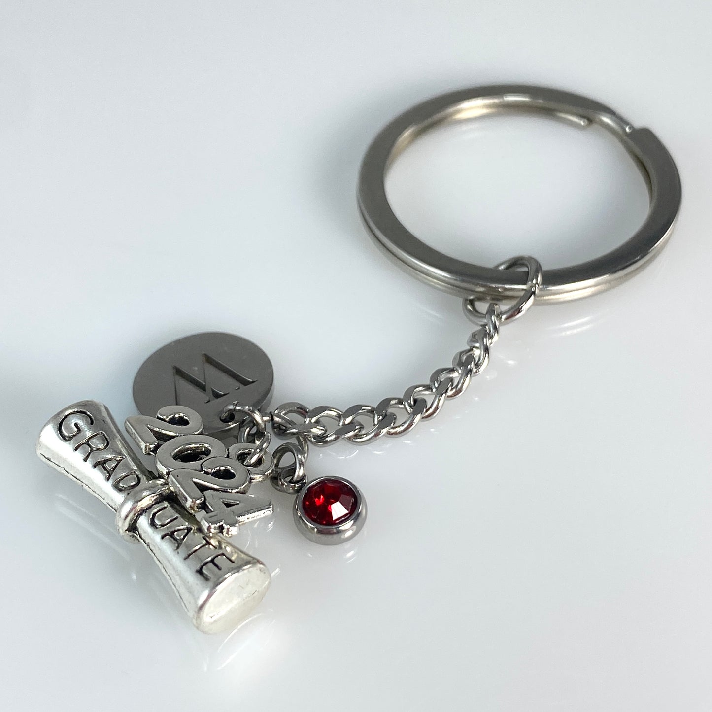 Graduation Keychain with Year, Initial and Birthstone