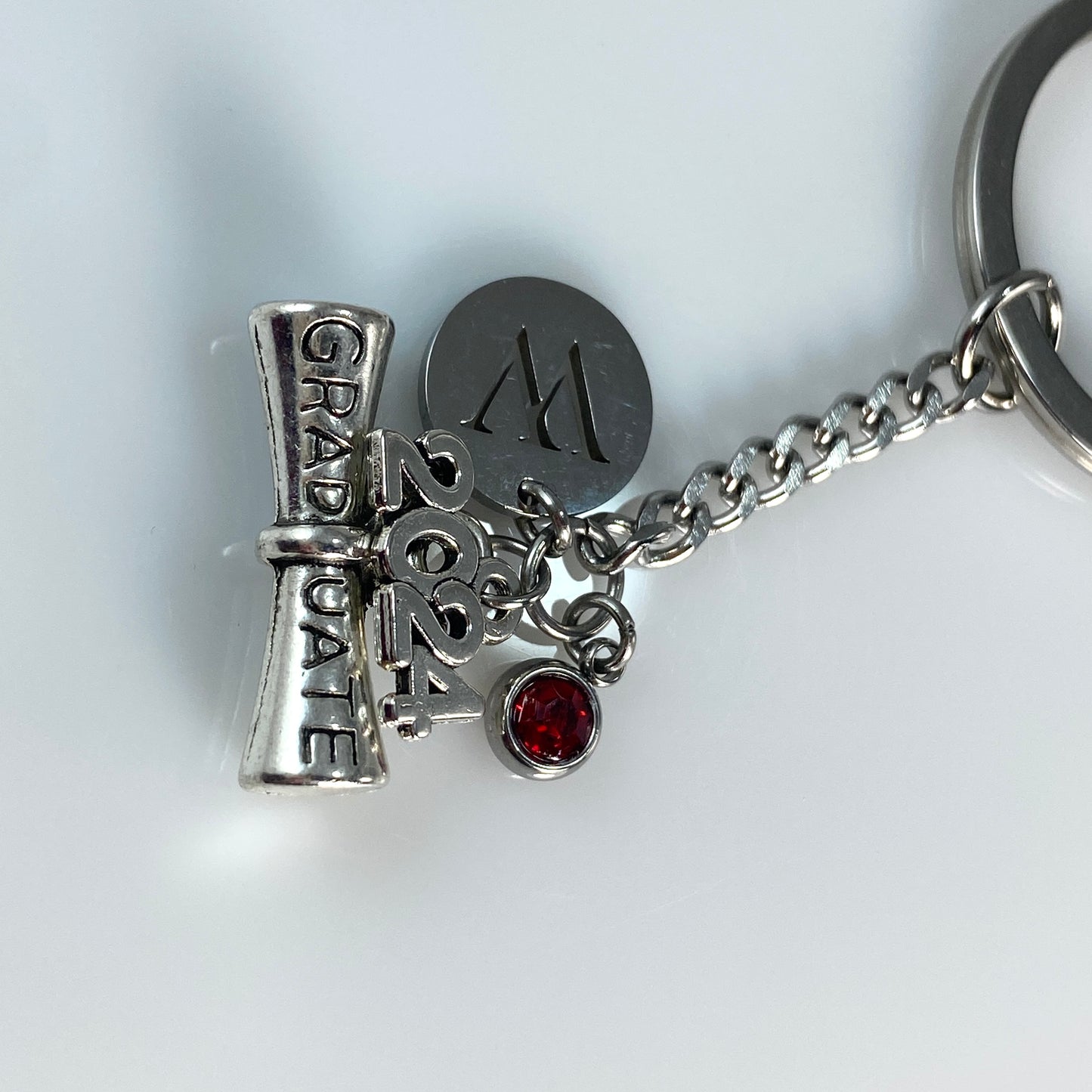 Graduation Keychain with Year, Initial and Birthstone