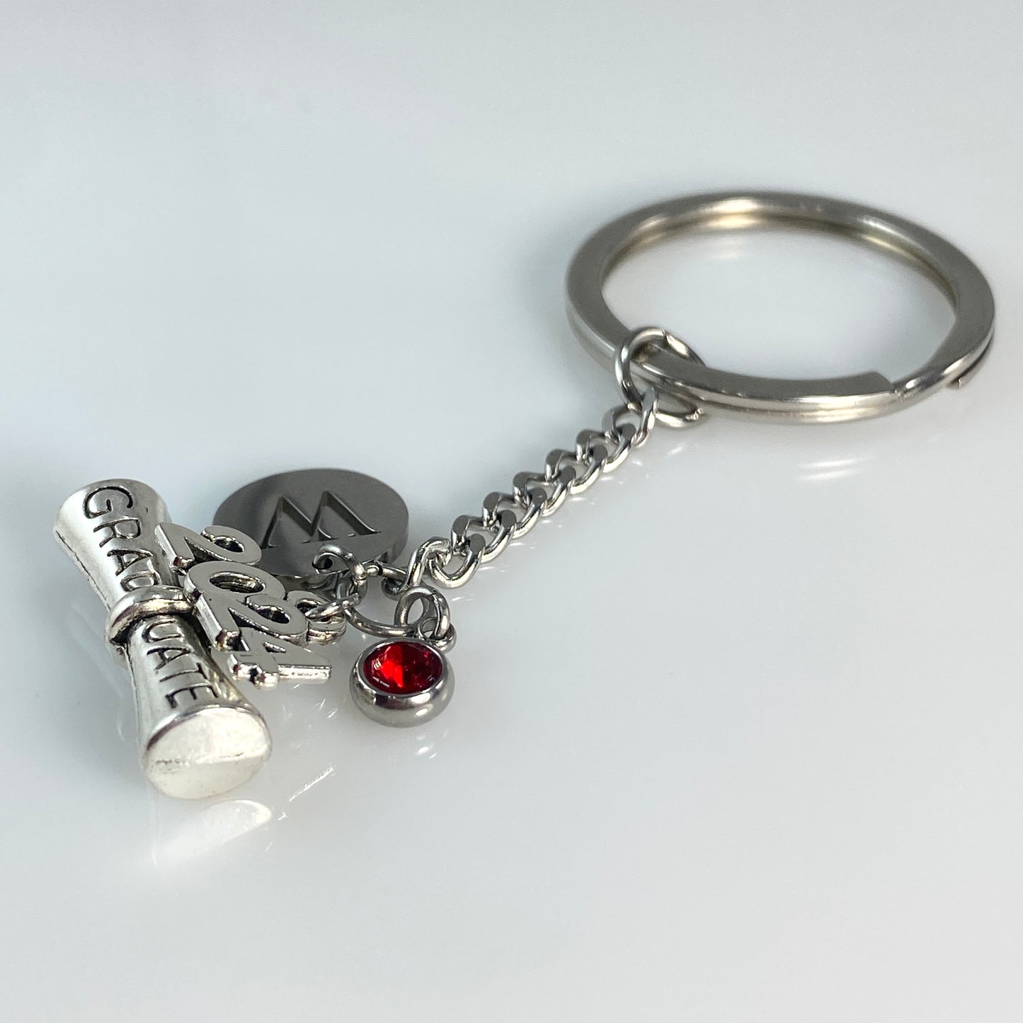 Graduation Keychain with Year, Initial and Birthstone